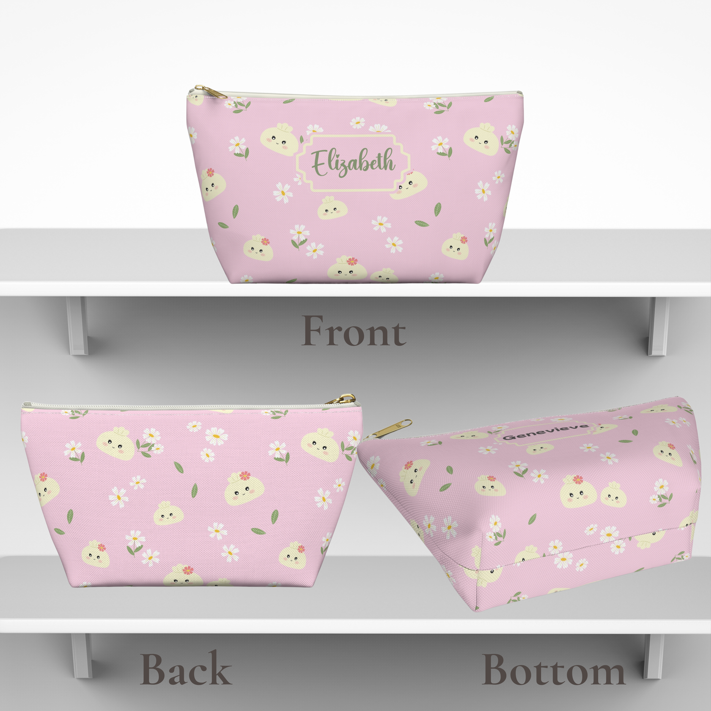Pastel dumpling makeup bag with a whimsical pattern of smiling dumplings, delicate flowers, and green leaves. A personalized name is printed in elegant Ballerina script using deep sage green lettering that coordinates with the botanical details. This versatile organizer is useful for makeup, skincare, toiletries, hair accessories, chargers, school supplies, and travel essentials.