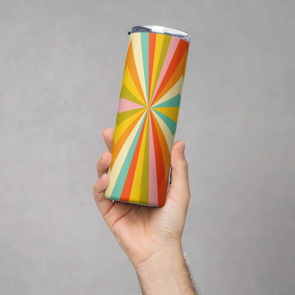 Mid Century Modern Geometric Stainless Steel 20 oz Tumbler, in shades of red, orange, yellow, green and teal, by jaecrece.com