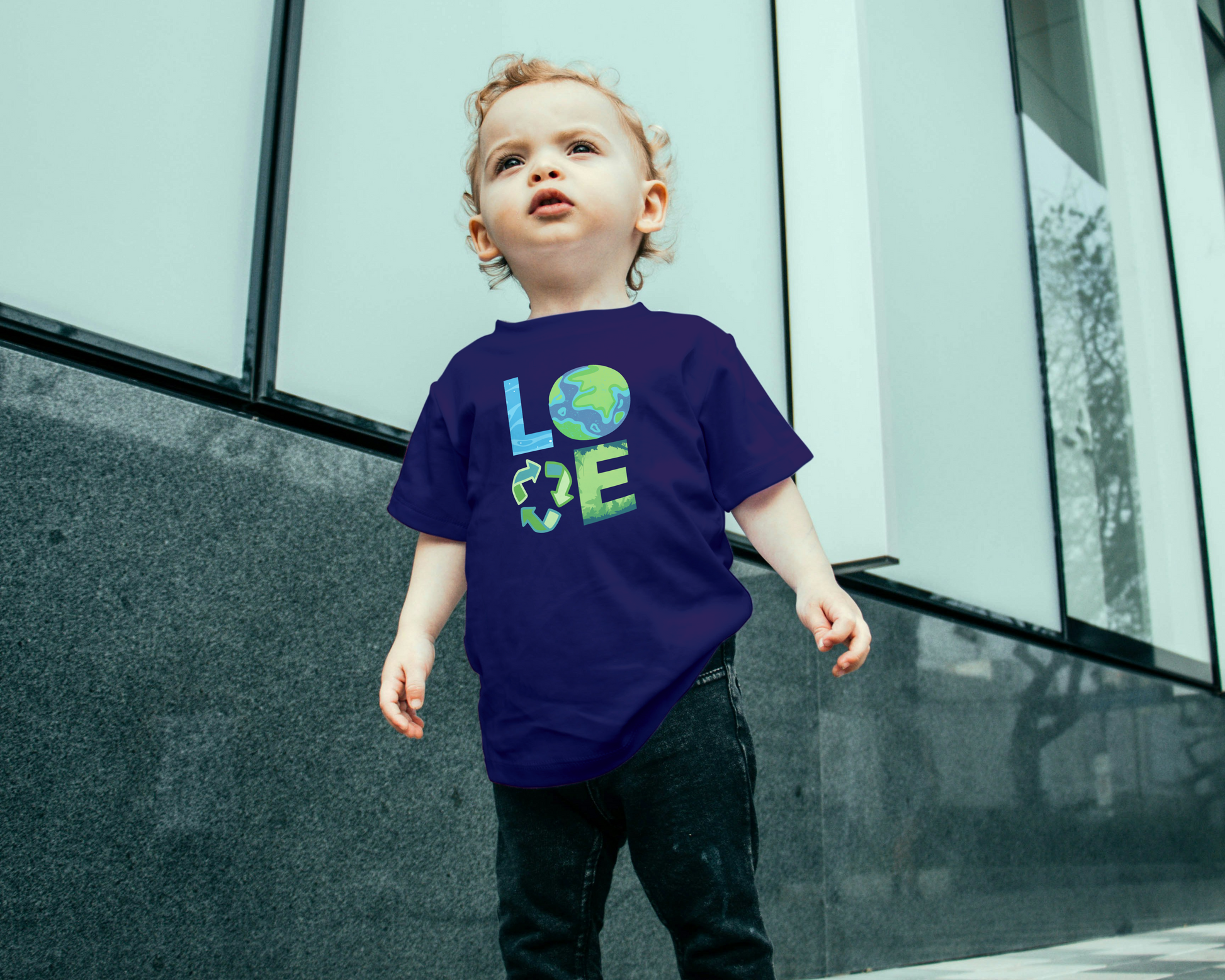 Image: LOVE Earth Blue Tie Dye Toddler & Infant Tshirt, perfect for Earth Day, the letters in LOVE represent our planets oceans, Mother Earth, Reduce, Reuse Recycle, our plants and trees. This graphic is printed on a blue tie dye crewneck sweatshirt, by jaecrece