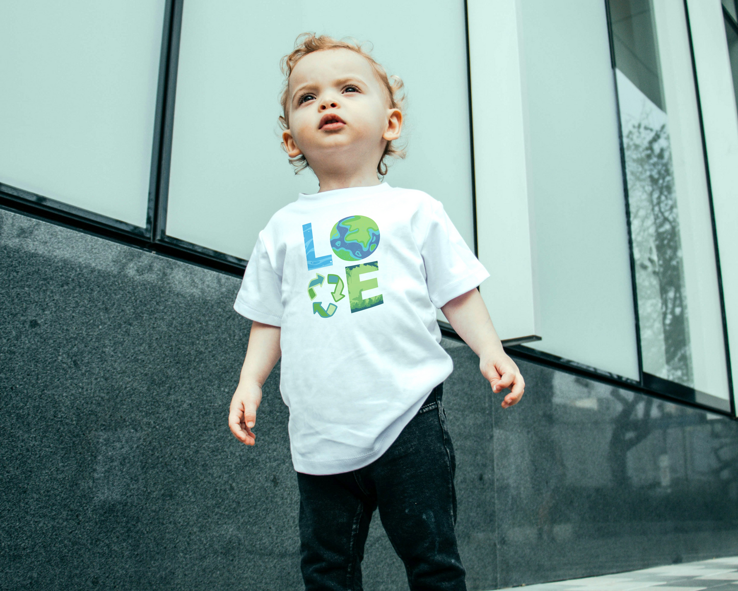 Image: LOVE Earth Blue Tie Dye Toddler & Infant Tshirt, perfect for Earth Day, the letters in LOVE represent our planets oceans, Mother Earth, Reduce, Reuse Recycle, our plants and trees. This graphic is printed on a blue tie dye crewneck sweatshirt, by jaecrece