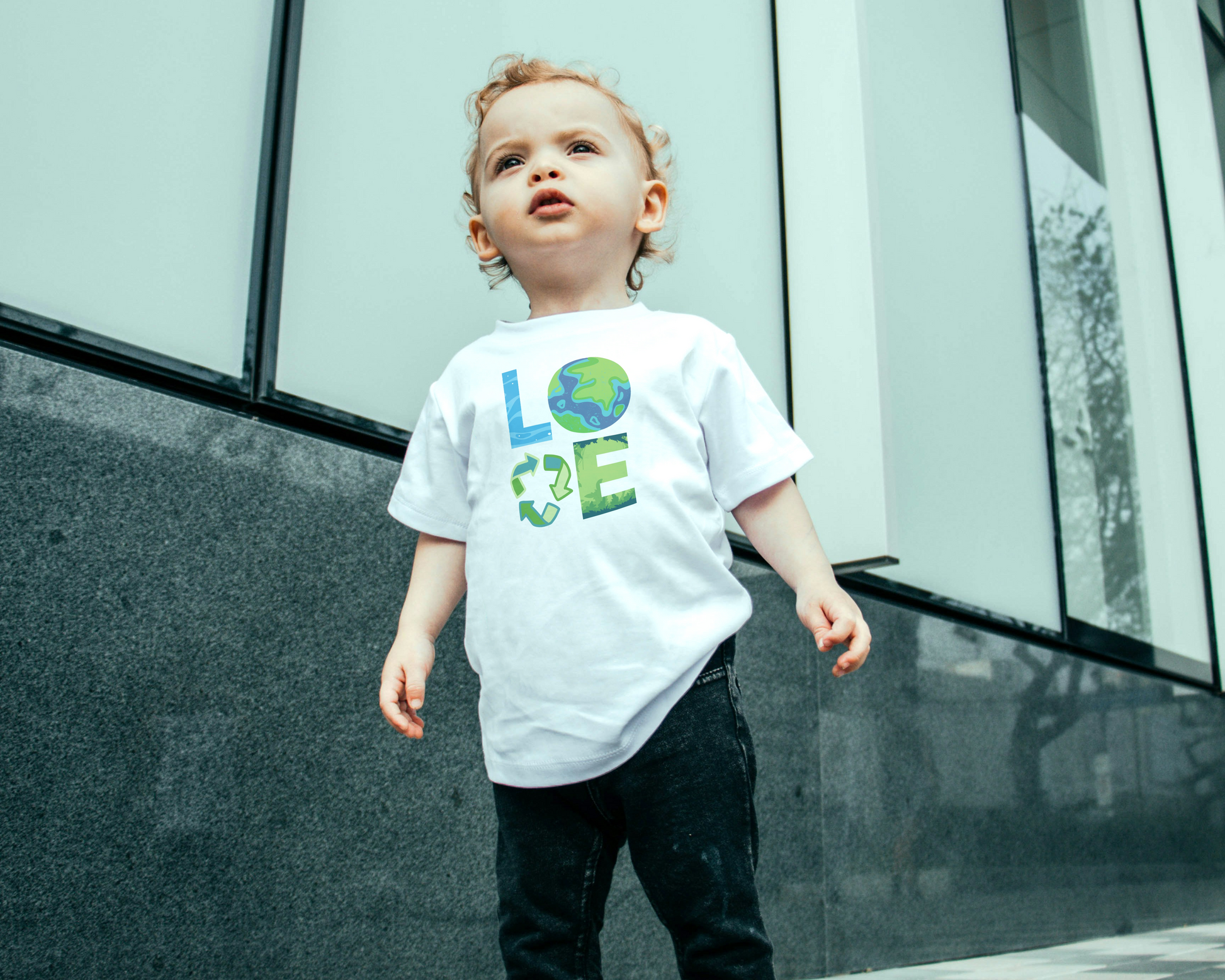 Image: LOVE Earth Blue Tie Dye Toddler & Infant Tshirt, perfect for Earth Day, the letters in LOVE represent our planets oceans, Mother Earth, Reduce, Reuse Recycle, our plants and trees. This graphic is printed on a blue tie dye crewneck sweatshirt, by jaecrece