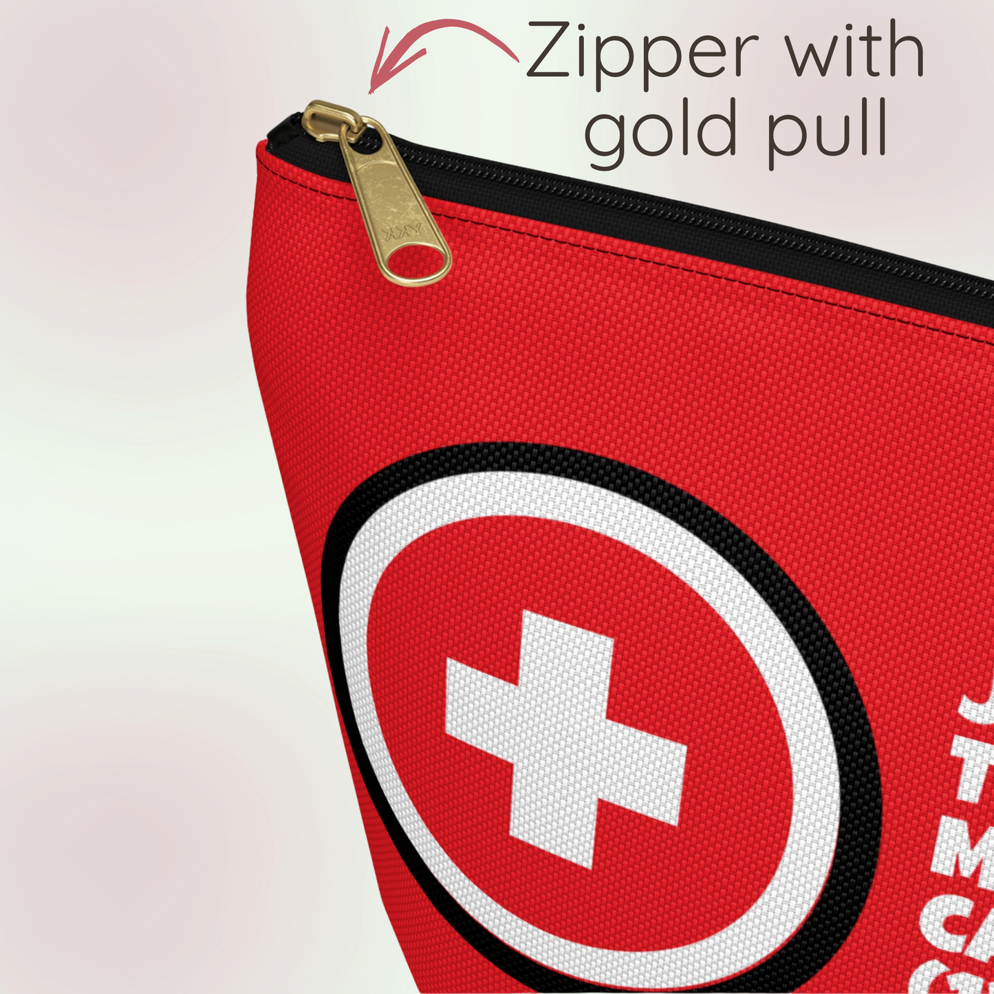 Close up of a personalized medical organizer for emergency supplies, first aid items, medications, vitamins, supplements, and wellness essentials. Custom printed pouch features a bold medical cross with personalized information to help caregivers quickly identify important supplies. Ideal for food allergies, asthma, diabetes, epilepsy, travel, school, daycare, camp, sports, road trips, and everyday peace of mind.