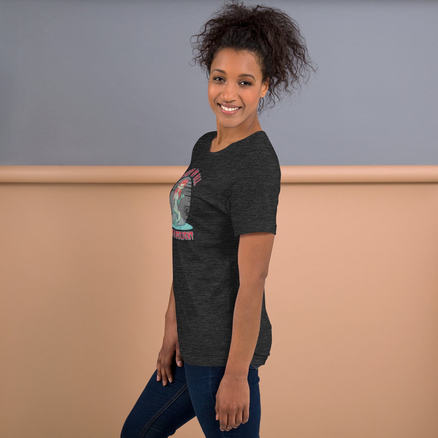 Mythical siren t-shirt with dark humor quote “First of All I Am a Delight,” designed for Halloween, Renaissance fairs, and mythology-inspired outfits. Printed on a Bella Canvas 3001 shirt, unisex sizes XS–5XL, available in black, Heather Midnight Navy, and Heather Grey. Perfect sarcastic shirt for gothic mermaid lovers, fantasy fans, or ocean mythology enthusiasts who enjoy witty graphic tees, spooky sea creature designs, and snarky gothic fashion.