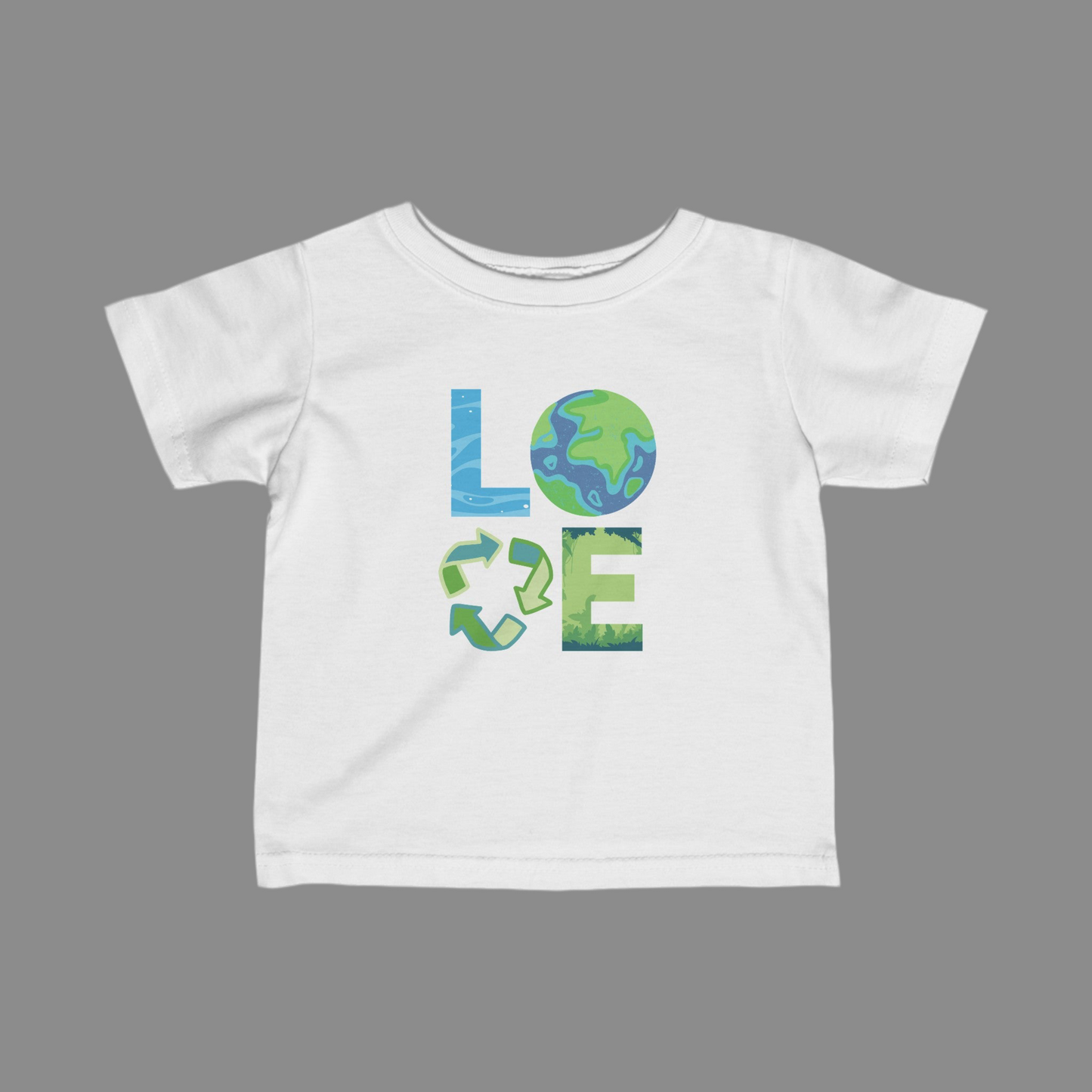 Image: LOVE Earth White Tie Dye Toddler & Infant Tshirt, perfect for Earth Day, the letters in LOVE represent our planets oceans, Mother Earth, Reduce, Reuse Recycle, our plants and trees. This graphic is printed on a blue tie dye crewneck sweatshirt, by jaecrece
