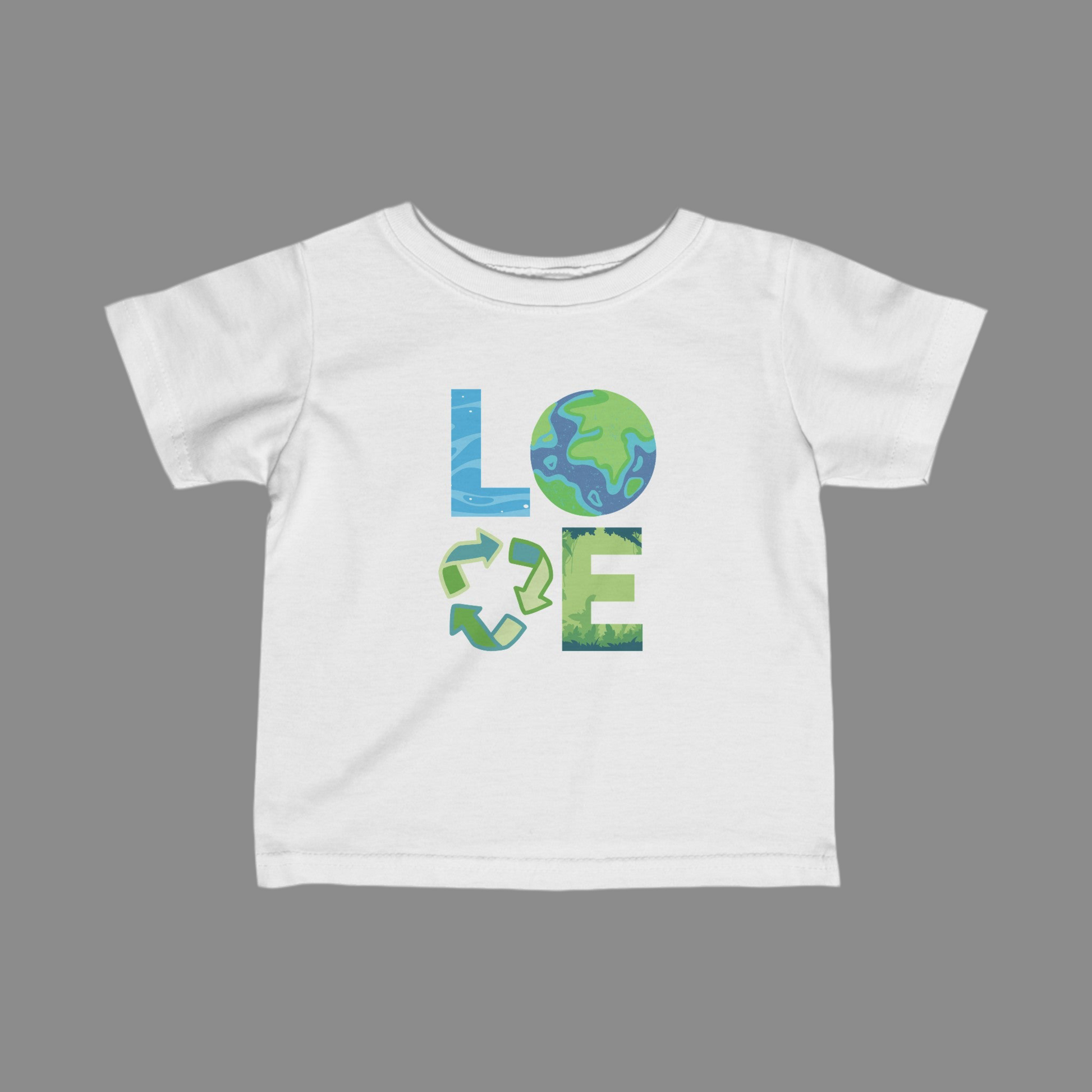Image: LOVE Earth White Tie Dye Toddler & Infant Tshirt, perfect for Earth Day, the letters in LOVE represent our planets oceans, Mother Earth, Reduce, Reuse Recycle, our plants and trees. This graphic is printed on a blue tie dye crewneck sweatshirt, by jaecrece