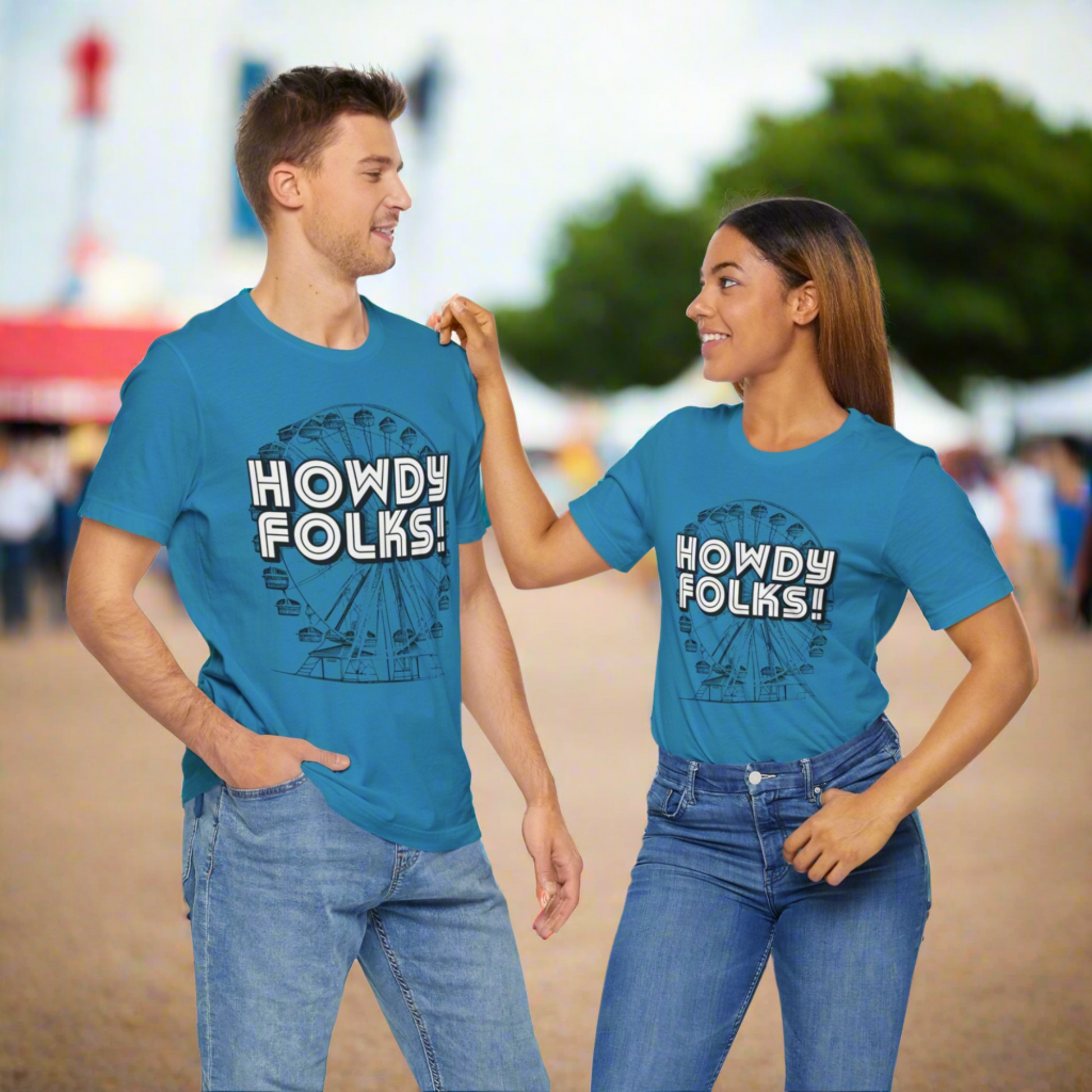 State Fair of TEXAS "Howdy Folks!'  adult shirt. This unisex tee features a retro graphic of a ferris wheel with the words Howdy Folks in large block letters. by jaecrece