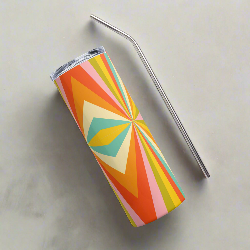 Mid Century Modern Geometric Stainless Steel 20 oz Tumbler, in shades of red, orange, yellow, green and teal, by jaecrece.com