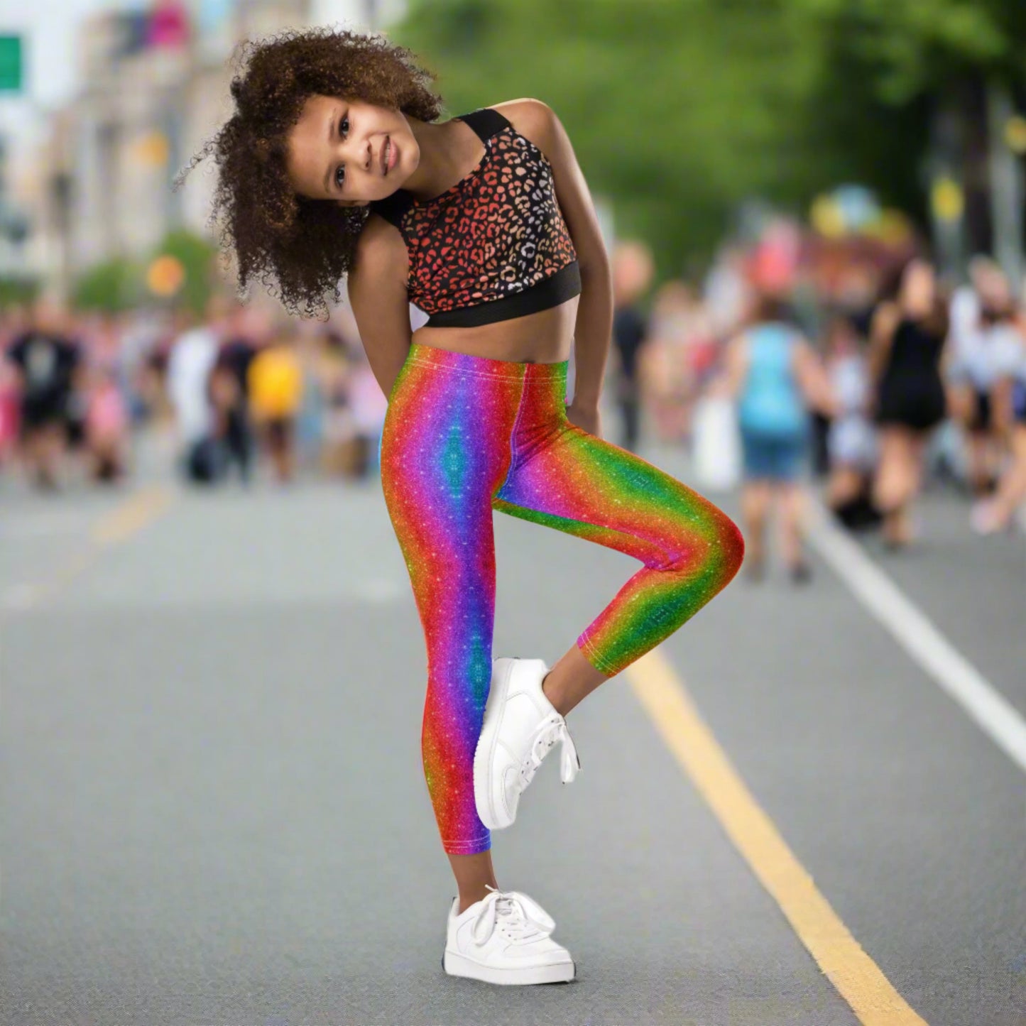 Faux glitter swirl toddler leggings for girls sizes 2T–7, perfect for bright moments like Pride parades, Mardi Gras, fun runs, or playful parties. These rainbow holographic leggings are soft, stretchy, and designed for movement. A colorful staple in every little one’s wardrobe, especially for families who love to match and make memories.