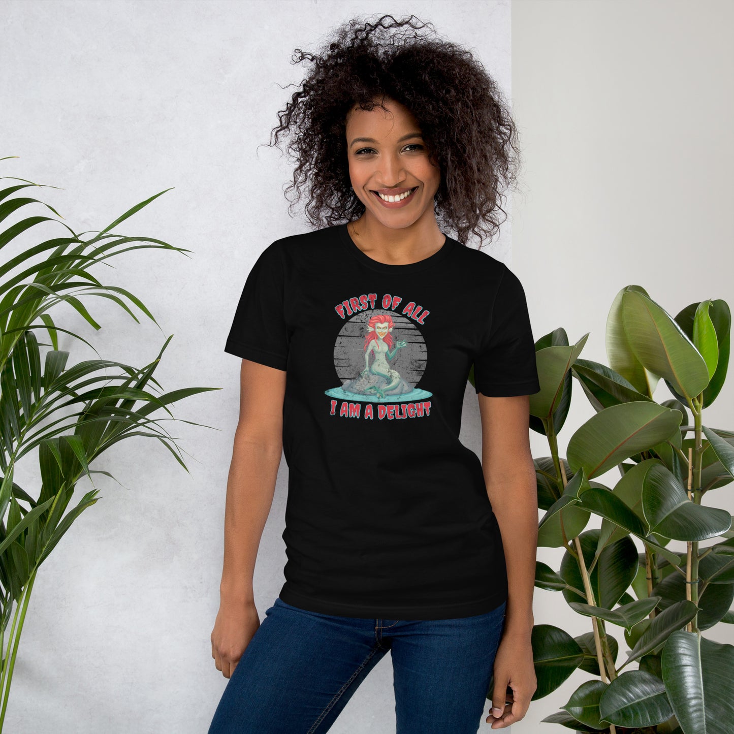 Snarky siren graphic t-shirt for adults, great for gothic fashion, fantasy and mythology lovers, Halloween events, or Renaissance fair costumes, printed on soft Bella Canvas 3001 unisex shirt in black, navy, grey, XS–5XL