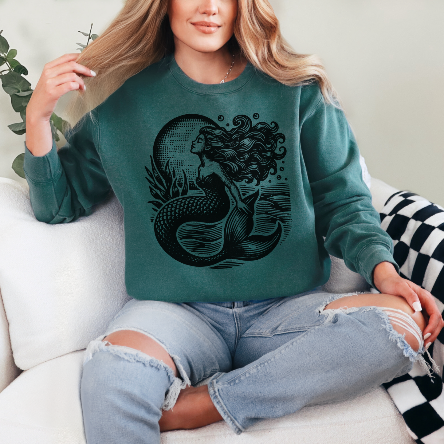 Image: Mermaid Sweatshirt, Vintage Ocean Vibes Sweatshirt. Pullover crewneck features large black graphic with mermaid in front of the moon, in the ocean waves. Gift for women and teens who love a vintage ocean aesthetic and mermaidcore, by jaecrece