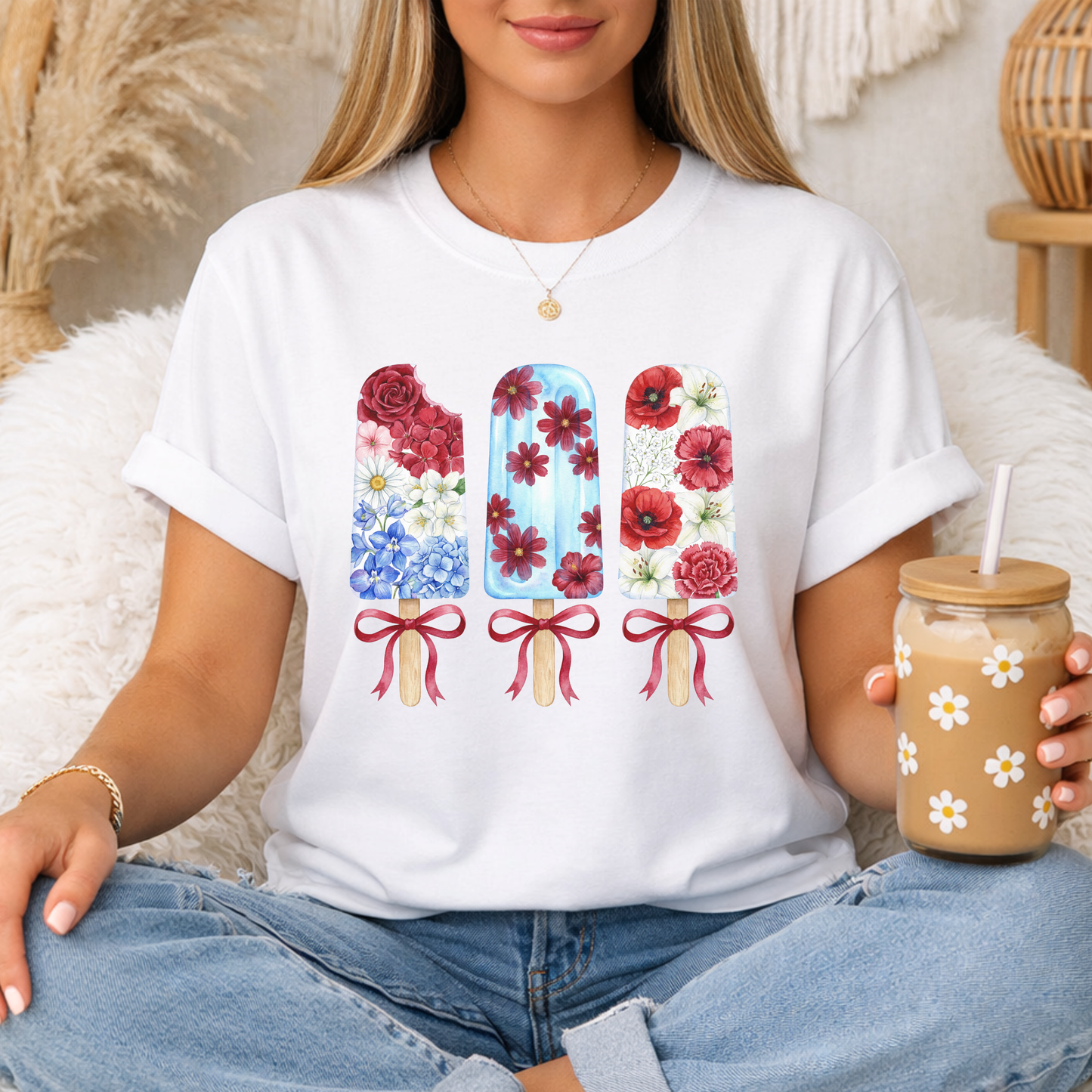 Women's Patriotic Floral T Shirt, Red White & Blue Fourth of July Tee, Matching Family Shirt
