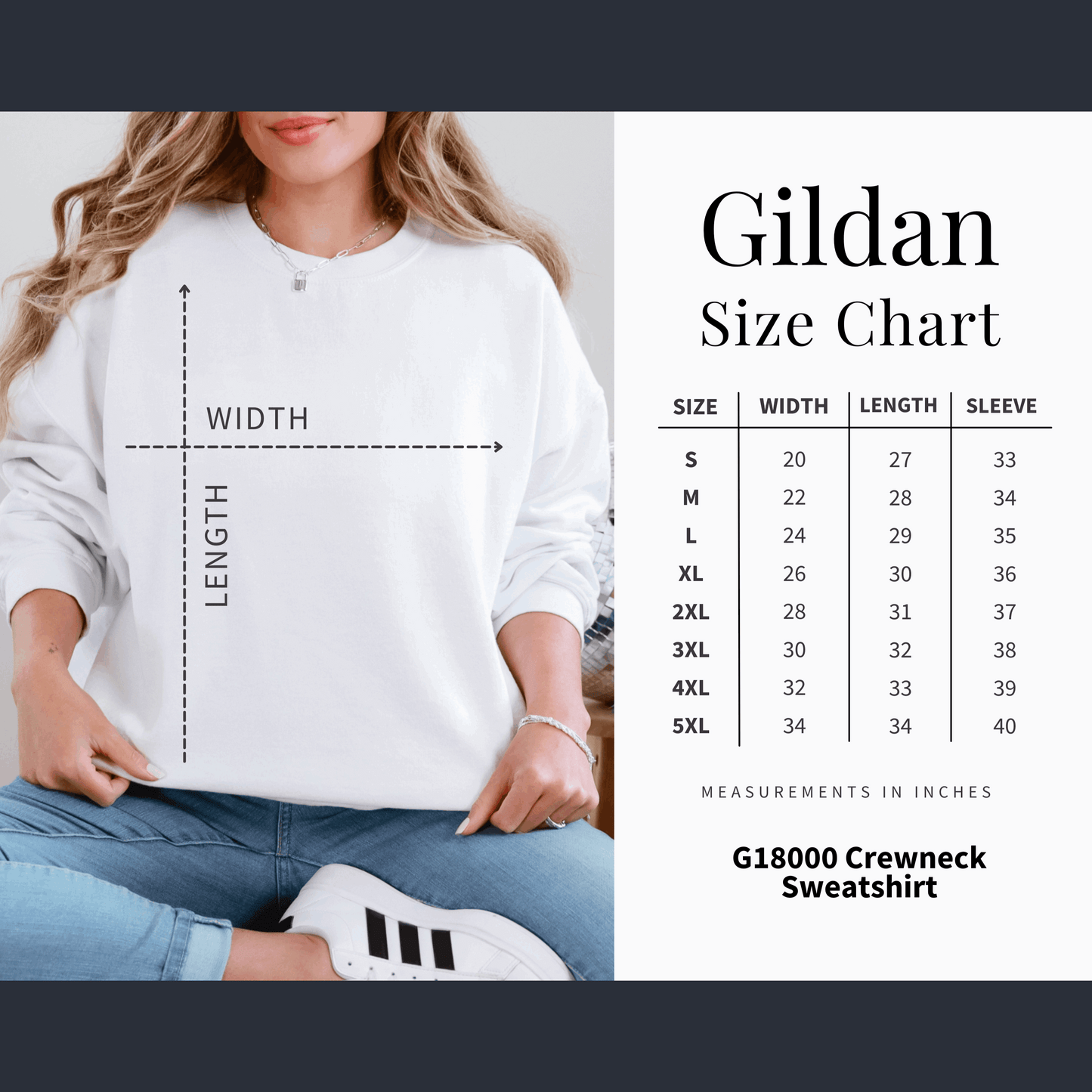 Gildan size chart for a G18000 Crewneck Sweatshirt with a person wearing the sweatshirt. This sweatshirt is available in S, M, L, XL, 2XL, 3XL, 4XL and 5XL