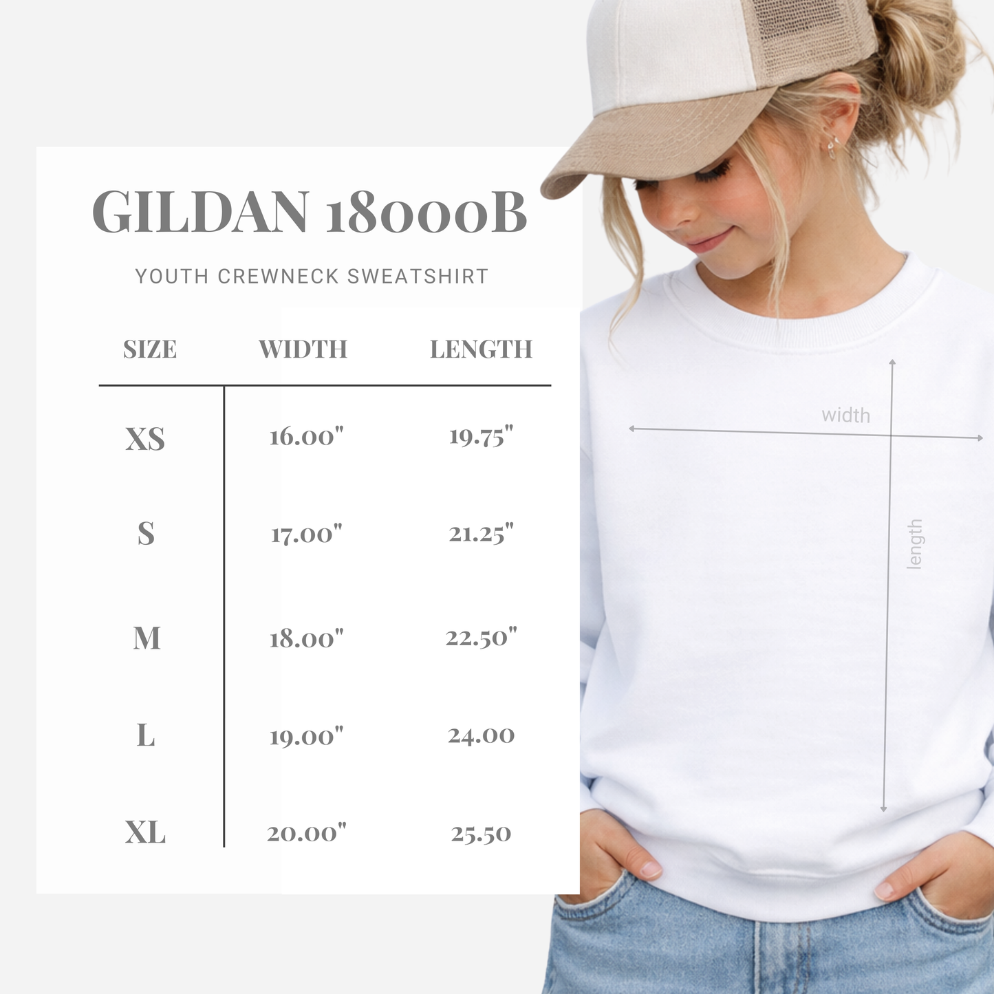 A size guide graphic for a Gildan 18000B youth crewneck sweatshirt, showing a size table from XS to XL with width and length measurements, alongside a model wearing a white sweatshirt with a measurement overlay on the chest.