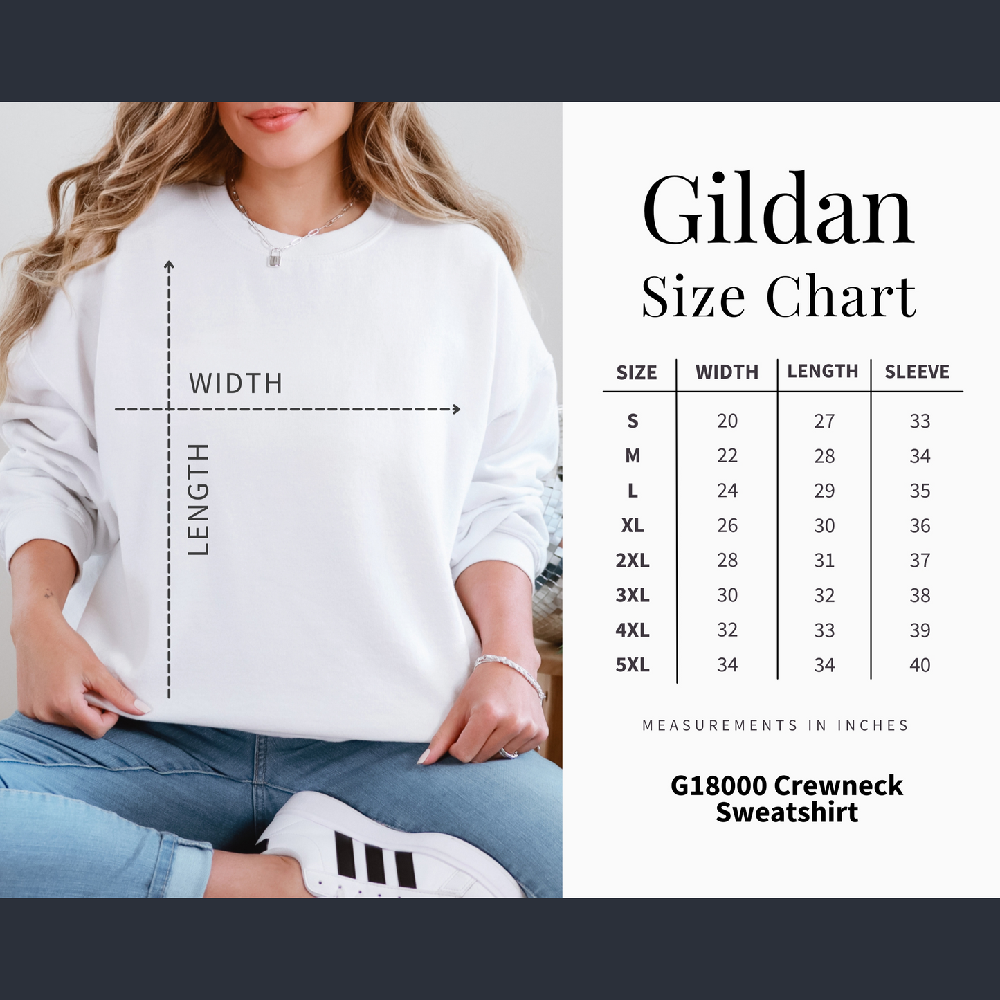 Gildan size chart for a G18000 Crewneck Sweatshirt with a person wearing the sweatshirt. This sweatshirt is available in S, M, L, XL, 2XL, 3XL, 4XL and 5XL