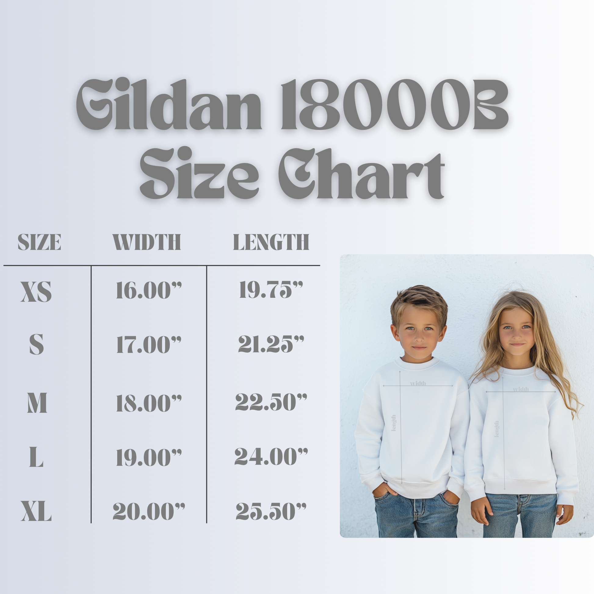 Gildan 18000B Sweatshirt in a classic unisex style, made from a soft and durable cotton polyester blend. Features a relaxed fit with ribbed knit collar, cuffs, and hem for lasting comfort and shape retention. Perfect for layering in spring, fall, or winter, casual outfits, school, or outdoor activities. Ideal for embroidery, customization, or personalized designs. Cozy, breathable, and versatile for everyday wear or as a gift for girls or boys.
