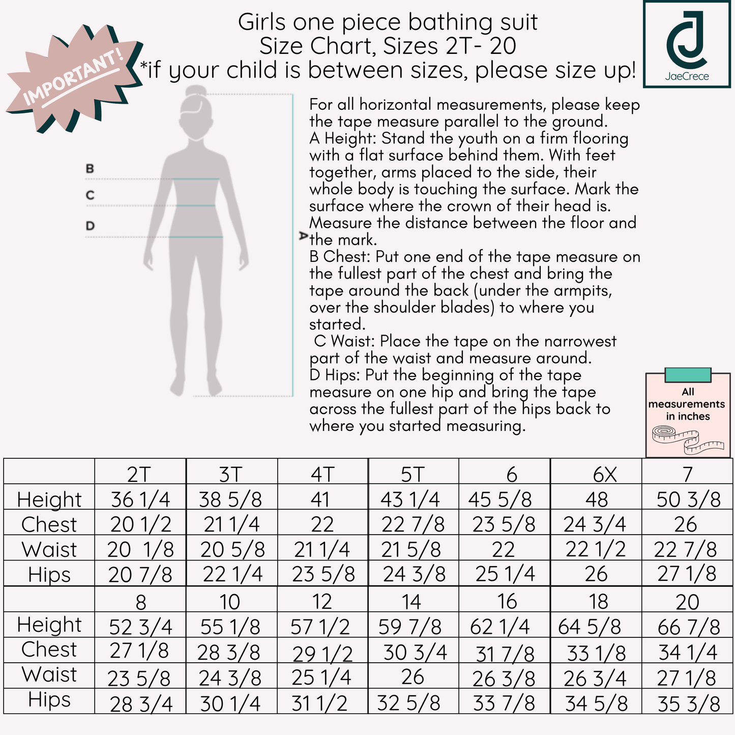 Girls One Piece Swimsuit Size Chart Size 2T-20 for toddler, tween and teen girls