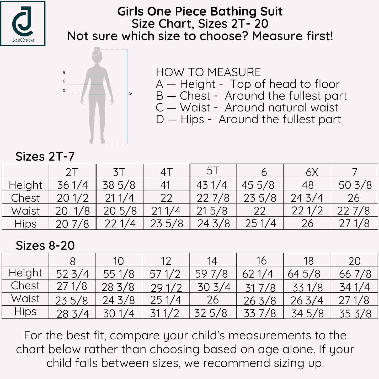 Girls one-piece bathing suit size chart and sizing table. The chart includes a body measurement diagram with a child silhouette, labeled height, chest, waist, and hips, plus a size guide from 2T to 7T and a separate size table from 8 to 20.