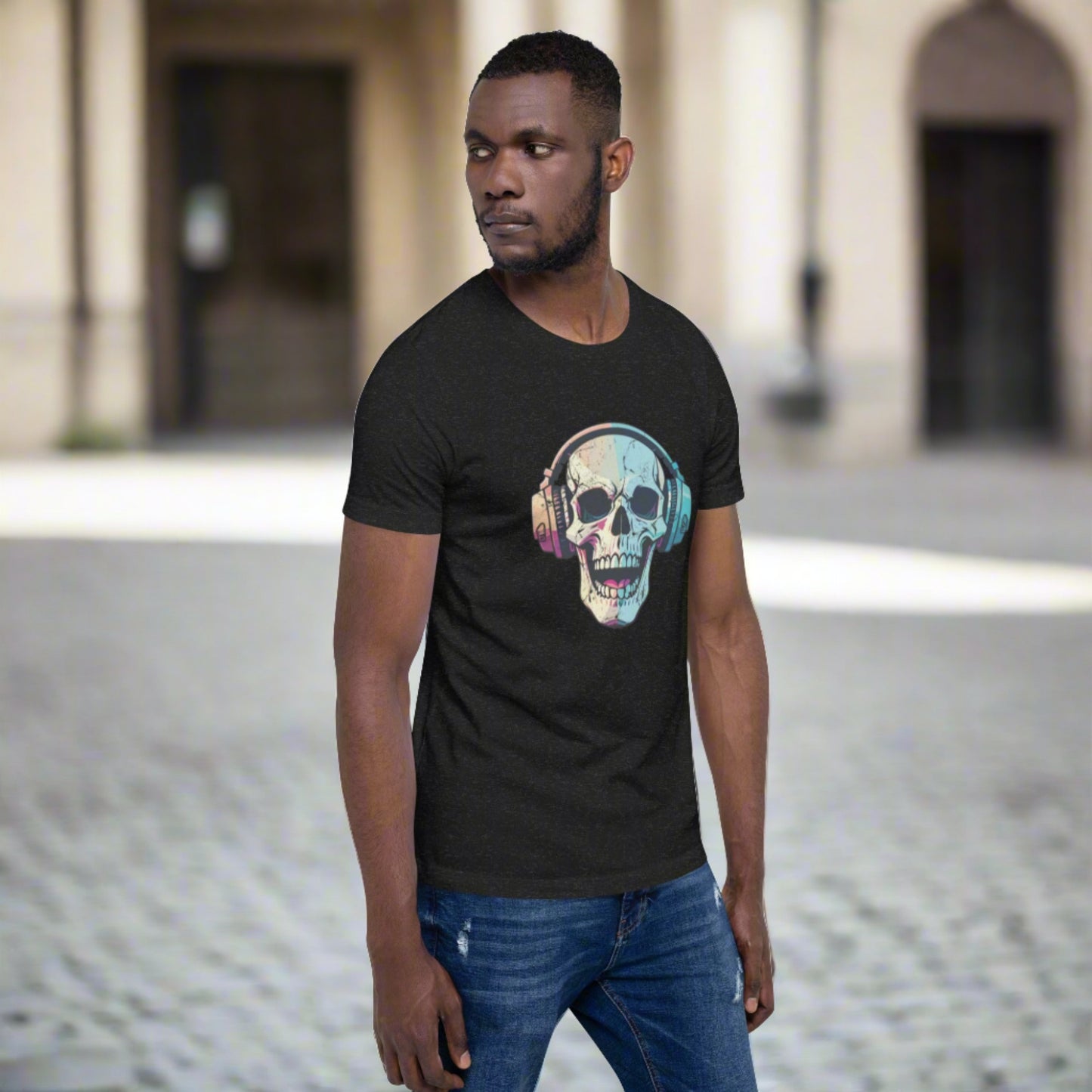 Black t-shirt with spooky skull and headphones artwork, styled for haunted fall vibes and music-themed Halloween looks. Great for teens, adults, and anyone who loves gothic streetwear, this unisex tee is made from soft ring-spun cotton and fits sizes XS to 5XL. Perfect for spooky season events, horror movie nights, or showing off your love for creepy tunes in style.