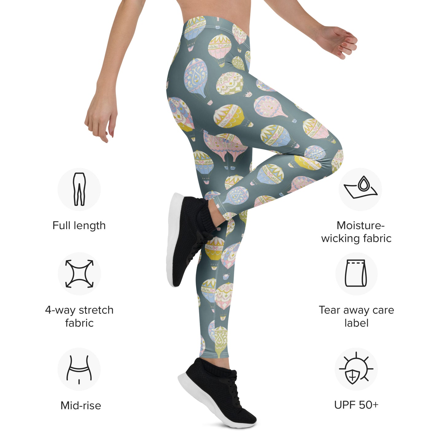 Lightweight and comfortable Hot Air Balloon Print Women’s Leggings designed with pastel balloon motifs on a slate blue background. Made from four-way stretch microfiber yarn with a mid-rise waist and full-length cut for daily wear or workouts. A sweet mommy and me outfit idea for travel lovers and whimsical fashion