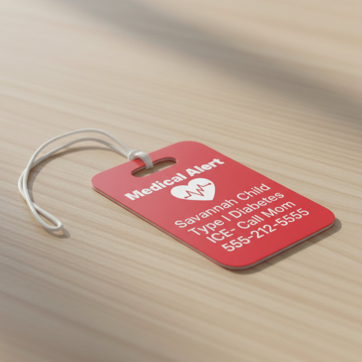 Personalized medical alert tag attach to luggage for travel and everyday use. Custom emergency ID bag tag helps keep important medical information visible for children and adults managing allergies, diabetes, asthma, medications, and chronic conditions.