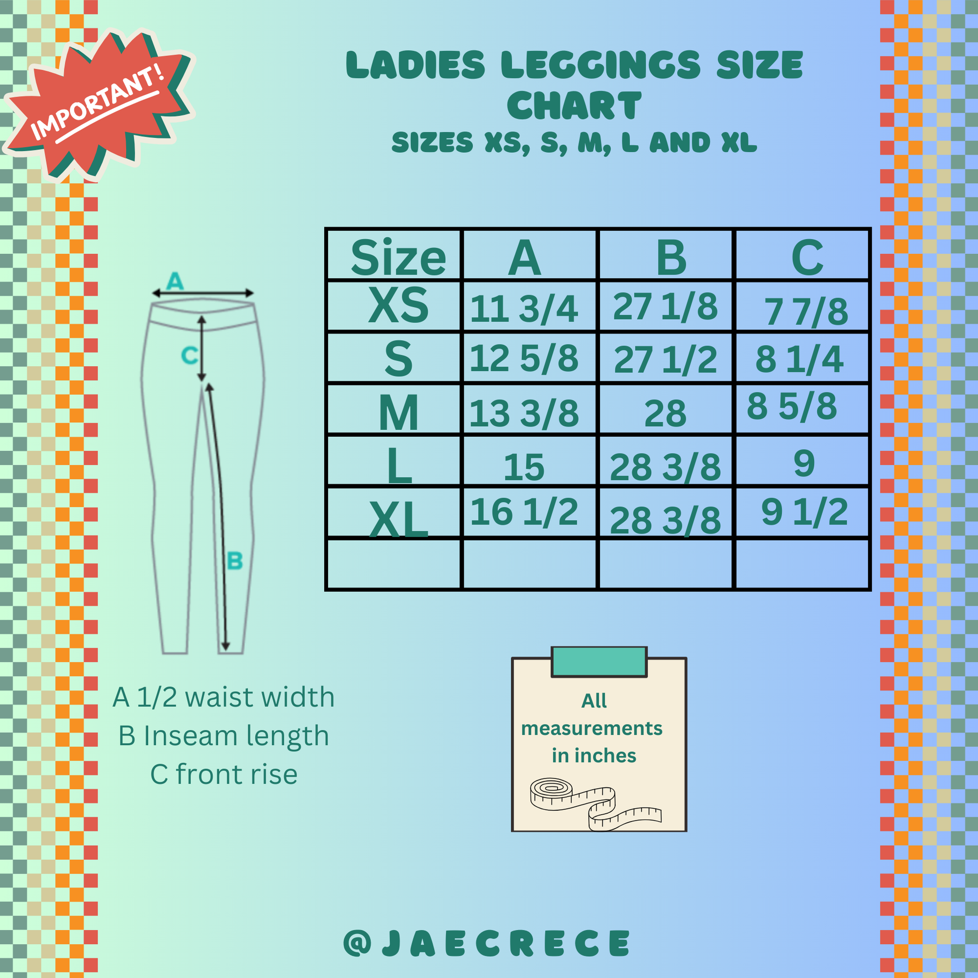 Ladies Leggings Size Chart, Sizes XS- XL, by jaecrece