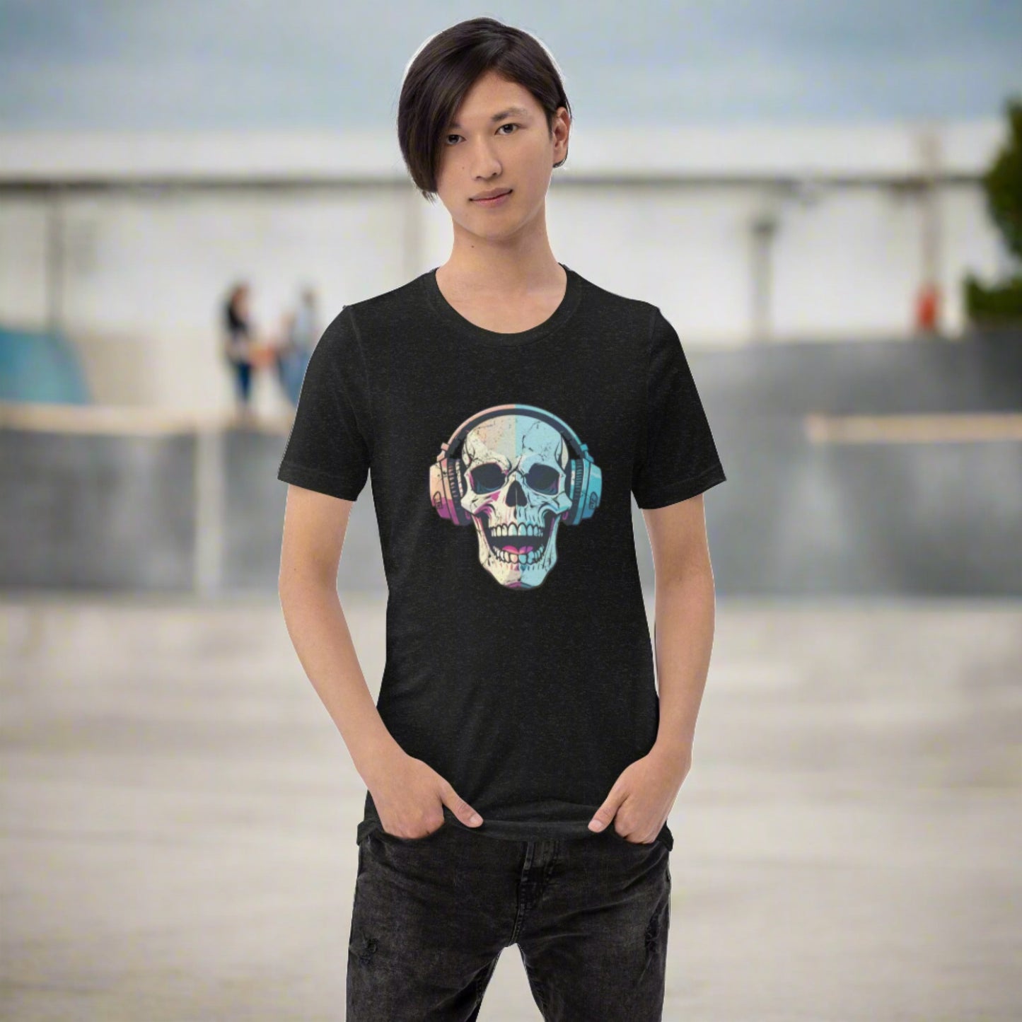 Gothic black t-shirt with a detailed graphic of a skull wearing headphones and laughing, perfect for horror fans and Halloween lovers. This unisex tee is made from soft cotton with a pre-shrunk fit, and it’s available in sizes XS to 5XL. A great gift for music lovers who enjoy a spooky aesthetic or anyone who likes mixing eerie humor with everyday outfits.