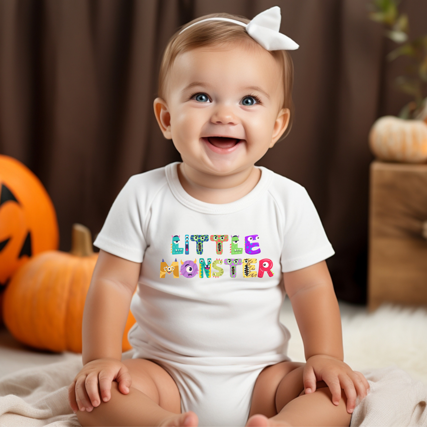 Little girl wearing the white Little Monster baby bodysuit while sitting outdoors with pumpkins in the background, featuring playful cartoon monster letters spelling “little monster” on the front. Printed on a soft Bella + Canvas 100B one-piece, this breathable cotton bodysuit has an envelope neckline and three-snap leg closure for easy changes. Perfect for baby’s first Halloween, fall photo shoots, or as a cozy everyday outfit, available in newborn through 24 months.