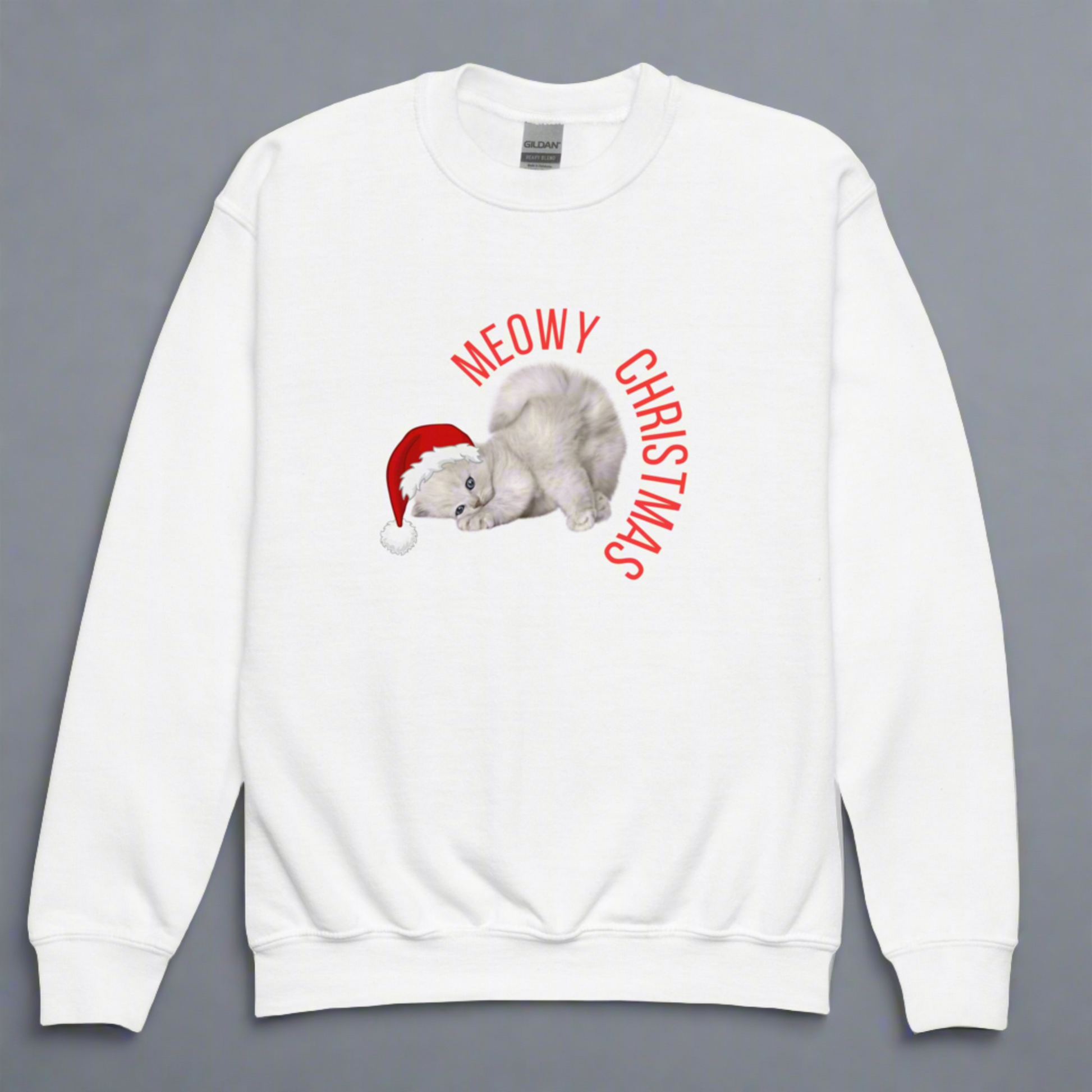 Celebrate the holidays in cozy style with this Youth Meowy Christmas Sweatshirt, available in sizes XS–XL. Featuring a cute cat in a Christmas theme, this unisex kids sweatshirt is ideal for festive events, school spirit days, and family Christmas photos. Made for boys and girls who love animals and holiday fun, this funny cat Christmas sweater brings joy and comfort all season long.
3. (483 characters)
Get into the holiday spirit with our Youth Meowy Christmas Sweatshirt, offered in sizes XS through XL. T