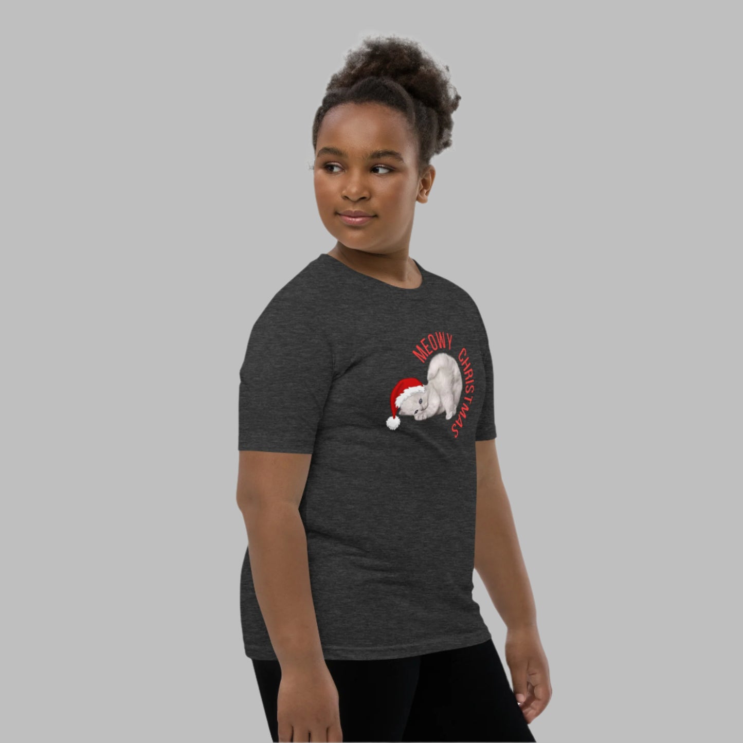 Unisex youth Christmas shirt featuring a cute gray kitten in a Santa hat and Meowy Christmas lettering. This cat-themed holiday tee is available in sizes S–XL and perfect for family matching looks, holiday photos, and festive winter wear. Ideal for cat-loving kids, Christmas pajama sets, or cozy school holiday outfits. A fun and funny Christmas gift for animal lovers and trendy tweens.