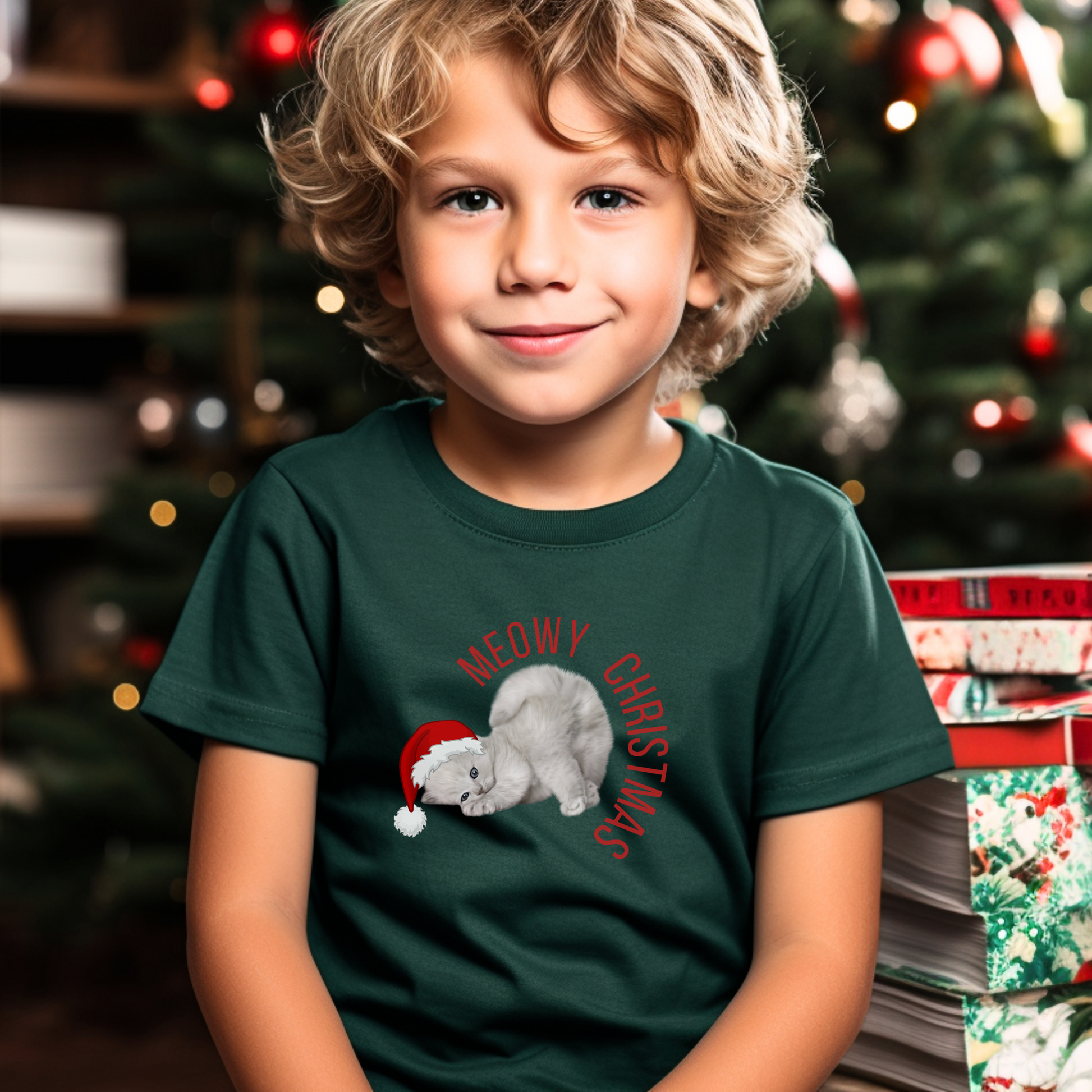 Unisex Meowy Christmas kids shirt featuring a cute gray kitten with blue eyes wearing a Santa hat. This soft and festive tee is ideal for boys and girls in youth sizes S–XL. A must-have for holiday cat lovers, matching family Christmas outfits, and cozy holiday mornings. Perfect for Christmas Day, pajama parties, or school events. Fun, funny, and full of holiday spirit, this shirt is great for sibling matching looks.