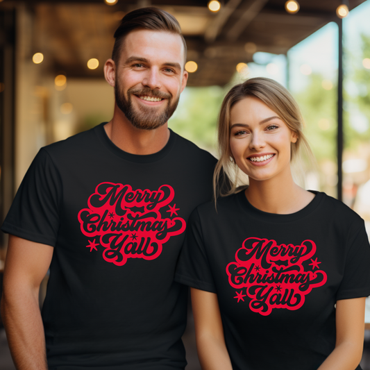 This Merry Christmas Y’all shirt is the perfect holiday outfit for adults who love a little Southern charm. Printed on a Bella Canvas tee, it features bright red script and a cozy fit for family gatherings or gift giving. Great for Christmas party shirts, festive Southern shirts, unisex holiday tees, matching family outfits, or farmhouse Christmas fashion. A fun and festive holiday shirt for men or women.
