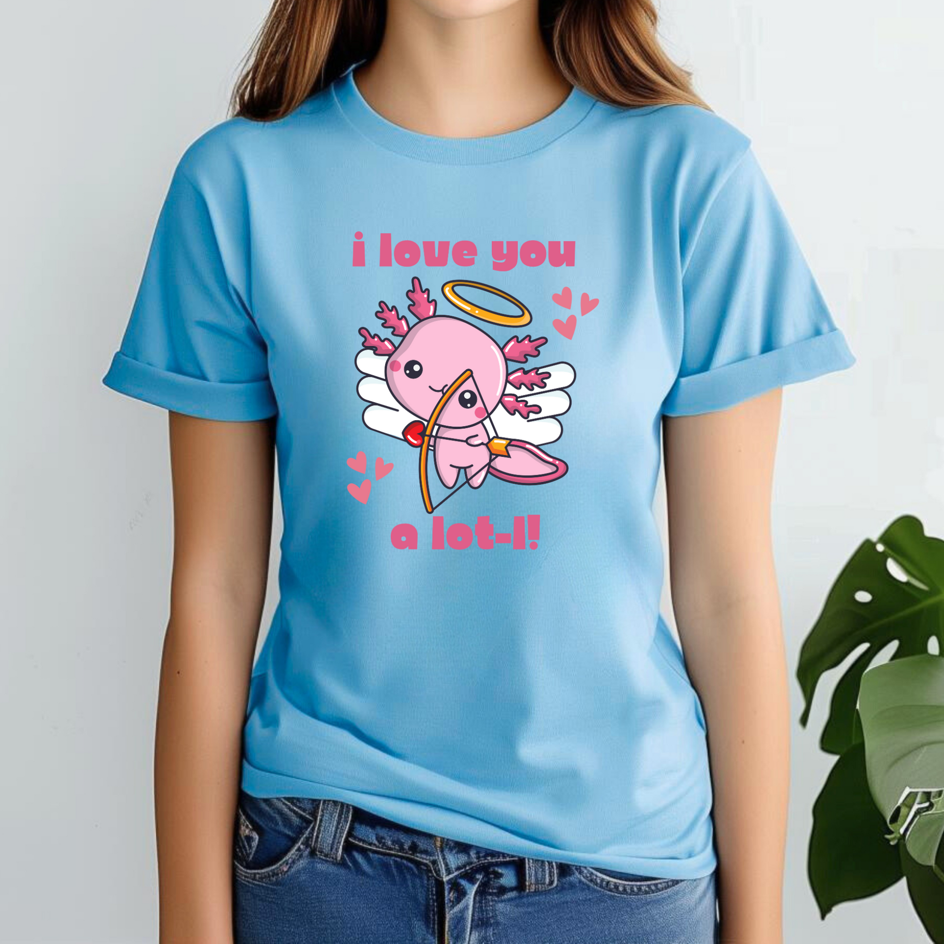 Fun and flirty axolotl Valentine’s t-shirt for women with a pink cupid axolotl design and the sweet slogan “I Love You A Lot-L.” Made on Bella Canvas 3001, this soft and breathable tee is available in XS–XL. Perfect for teachers, animal lovers, and anyone who wants a cute Valentine’s Day outfit. Great gift for girlfriends, wives, or friends who love axolotls, puns, and playful fashion. A quirky Valentine’s look with lots of charm.