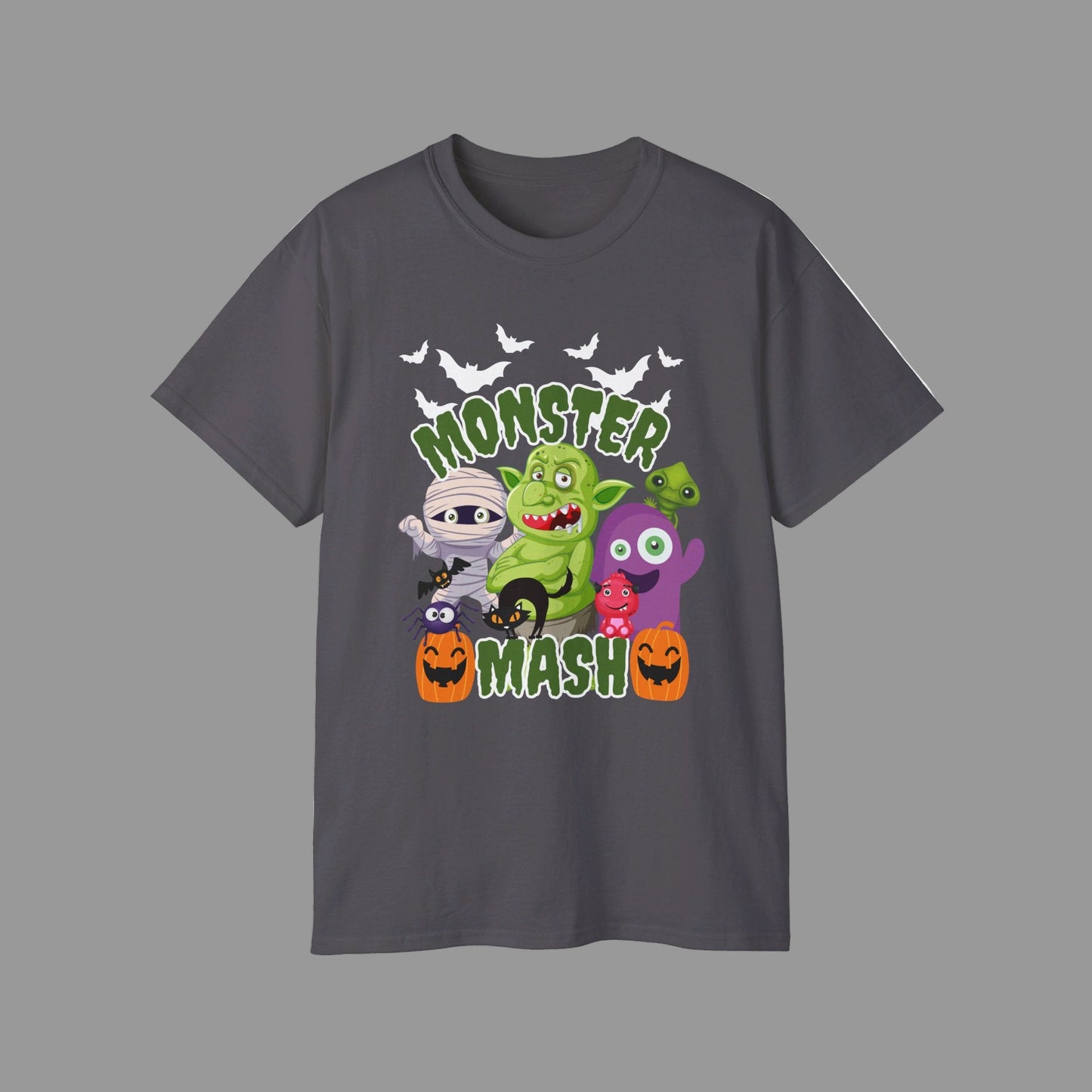 Halloween unisex graphic t-shirt with Monster Mash cartoon print, featuring fun characters like a mummy, pumpkins, bats, troll, and spider. Made from soft cotton on the classic Gildan 2000 shirt, this Halloween tee is available in sizes S–5XL in black or charcoal. Ideal for trick-or-treating, haunted houses, fall festivals, or family Halloween photos, this festive graphic shirt makes the perfect spooky season gift idea for adults.