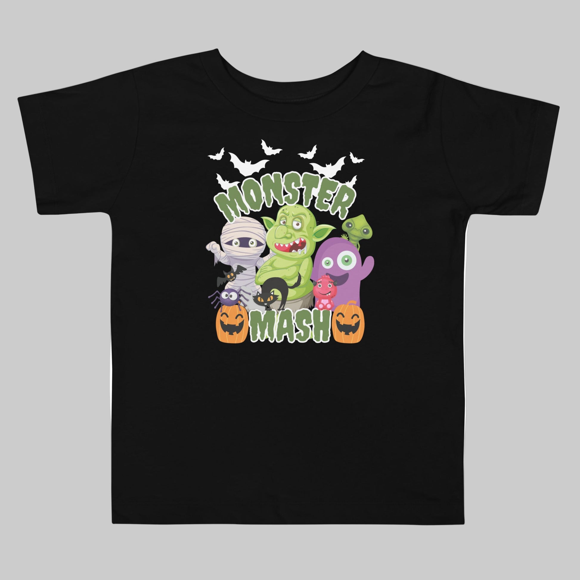 Monster Mash Halloween toddler shirt in black featuring silly cartoon monsters, pumpkins, bats, and more. Designed for toddlers ages 2T–5T, this graphic tee is soft and durable, ideal for pumpkin patch trips, trick-or-treating, or daycare Halloween fun. A family matching Halloween shirt option for parents, siblings, and toddlers, this monster t-shirt creates a coordinated festive look for group costumes or family fall photos.