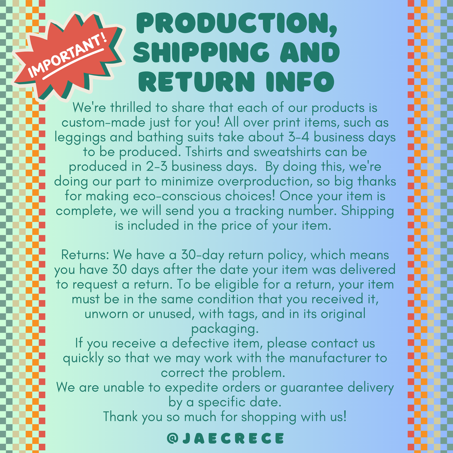 Production, Shipping and Return info, by jaecrece