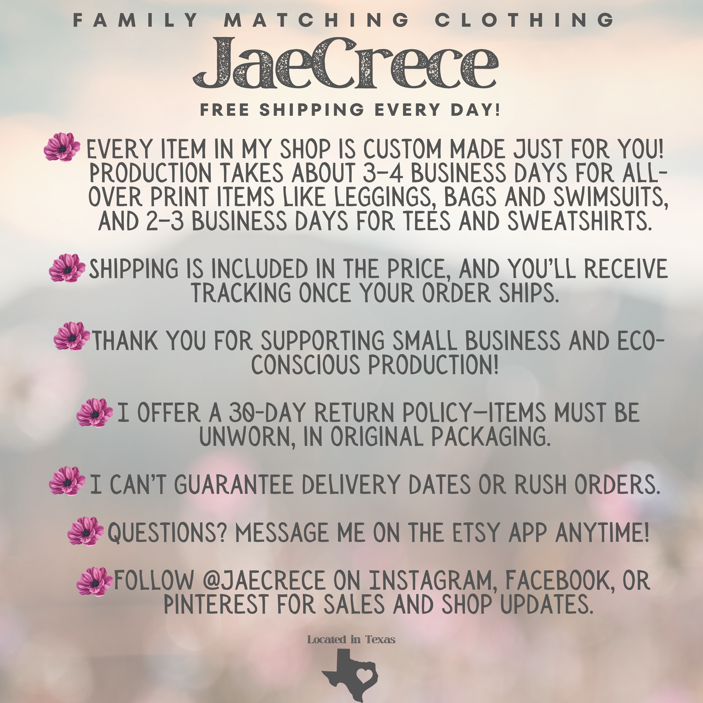 Image: Shop Info, Production and Returns: Each item is custom made just for you! All-over print items take 3–4 business days to make; tees and sweatshirts take 2–3. Shipping is included, and you’ll get tracking once it ships. Returns accepted within 30 days—items must be unworn and in original packaging. I can’t guarantee delivery dates or offer rush shipping. Follow @jaecrece on IG, FB & Pinterest for shop updates and sales!