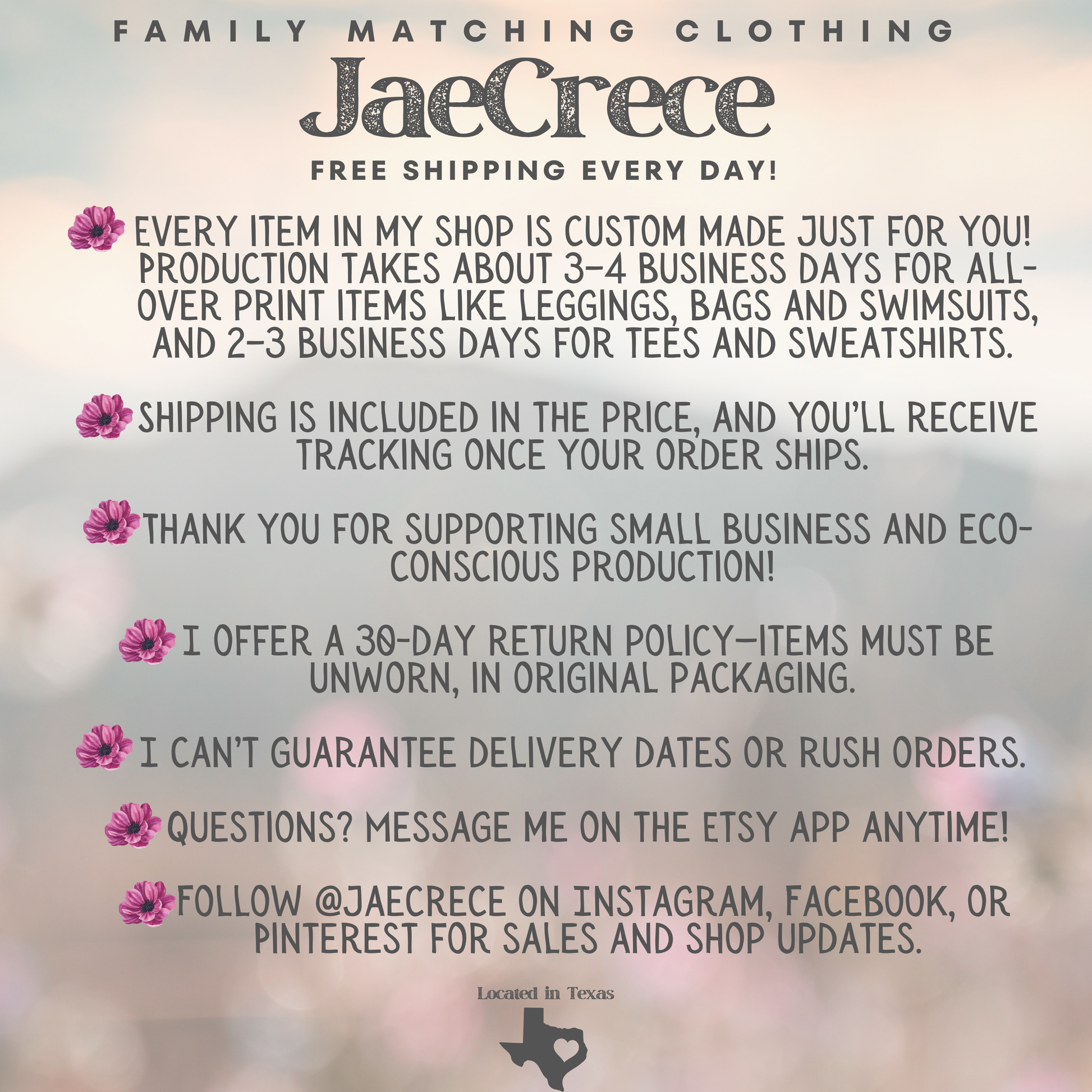 Image: Shop Info, Production and Returns: Each item is custom made just for you! All-over print items take 3–4 business days to make; tees and sweatshirts take 2–3. Shipping is included, and you’ll get tracking once it ships. Returns accepted within 30 days—items must be unworn and in original packaging. I can’t guarantee delivery dates or offer rush shipping. Follow @jaecrece on IG, FB & Pinterest for shop updates and sales!