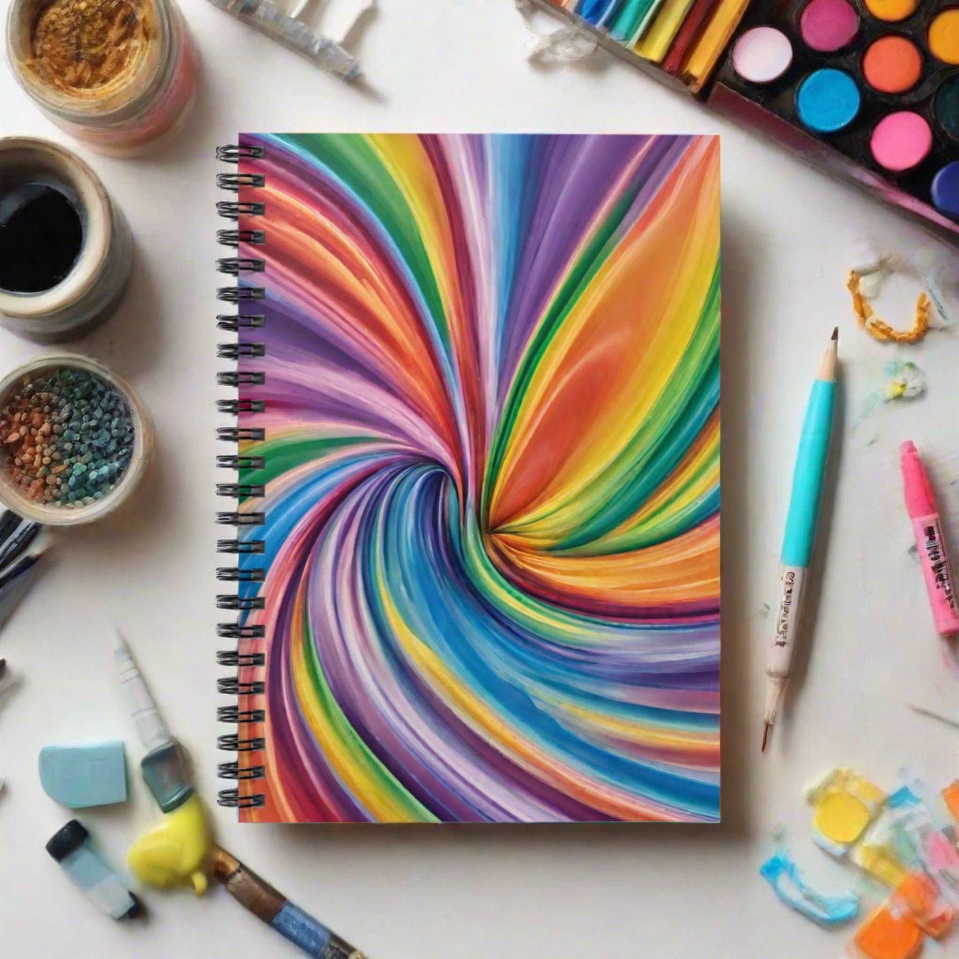 Colorful rainbow swirl spiral notebook with ruled lines, perfect for writing, sketching, and journaling. Features a bold abstract rainbow design in a psychedelic swirl pattern, ideal for Pride month, students, artists, LGBTQ stationery lovers, or colorful gift-giving. This rainbow-themed spiral notebook makes a fun and useful school or office accessory. Durable cover, 118 pages, and bright design add joy to everyday writing.