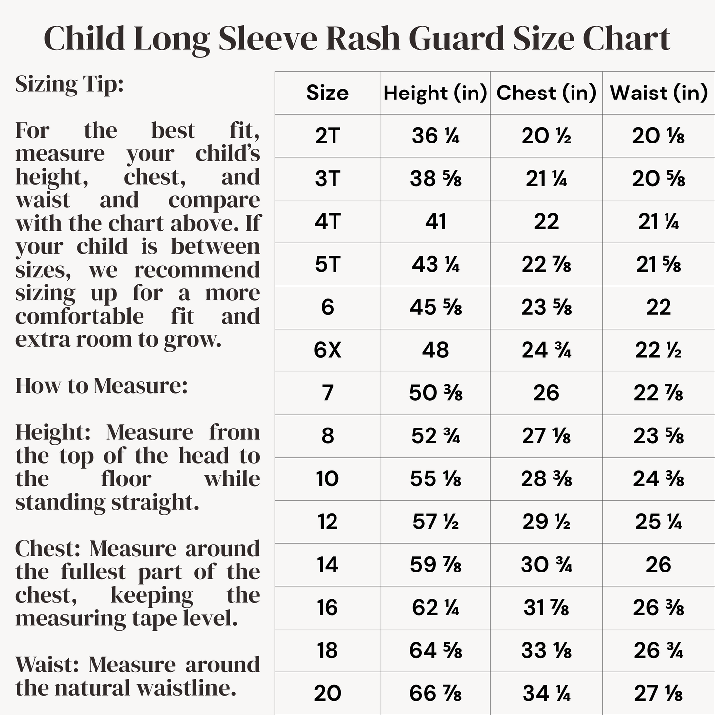 A size chart table titled 'Child Long Sleeve Rash Guard Size Chart' with sizing tips and size ranges from 2T to 20, listing height, chest, and waist measurements in inches.
