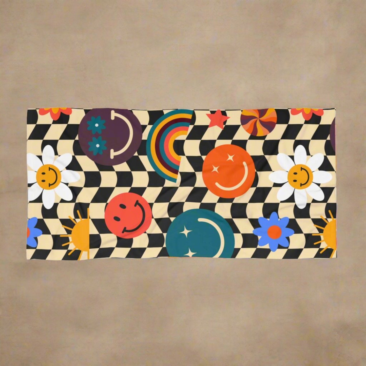 Add playful energy to your beach gear with this retro checkerboard smiley towel featuring a bold, happy face design. Durable, absorbent, and soft, this stylish towel is perfect for beach trips, pool lounging, or tropical vacations. A great summer gift for friends, teens, and anyone who loves checkerboard patterns, 70s nostalgia, and bright, cheerful coastal accessories.