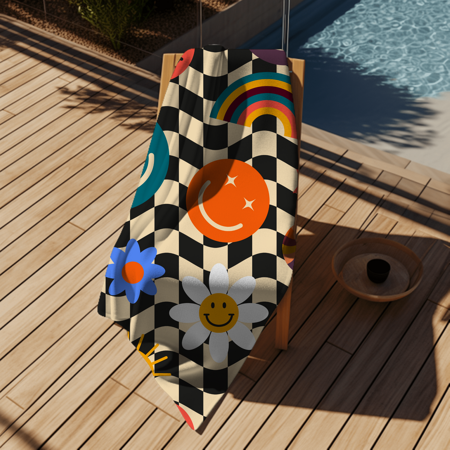 Retro vibes meet summer fun with this colorful checkerboard beach towel featuring a playful smiley face design. Made with a soft cotton back and smooth printed front, this lightweight, quick-dry towel is perfect for sunny beach trips, poolside lounging, or travel. A trendy gift for beach lovers and anyone who adores bold, cheerful accessories with a nostalgic, vintage twist