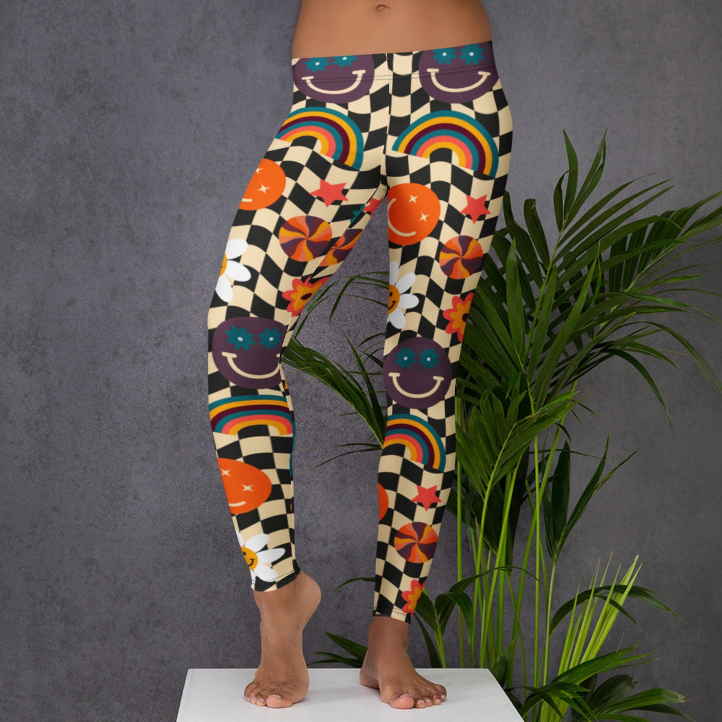 Retro Smiley Face Checkered Womens Yoga Pants