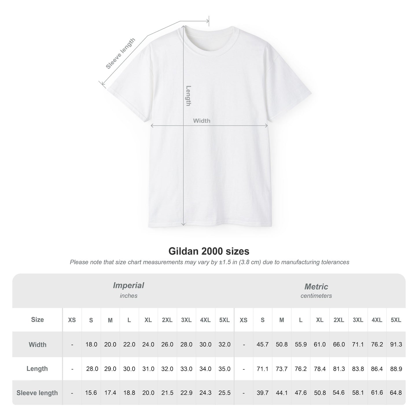 White t-shirt with measurement chart for Gildan 2000 sizes on a white background