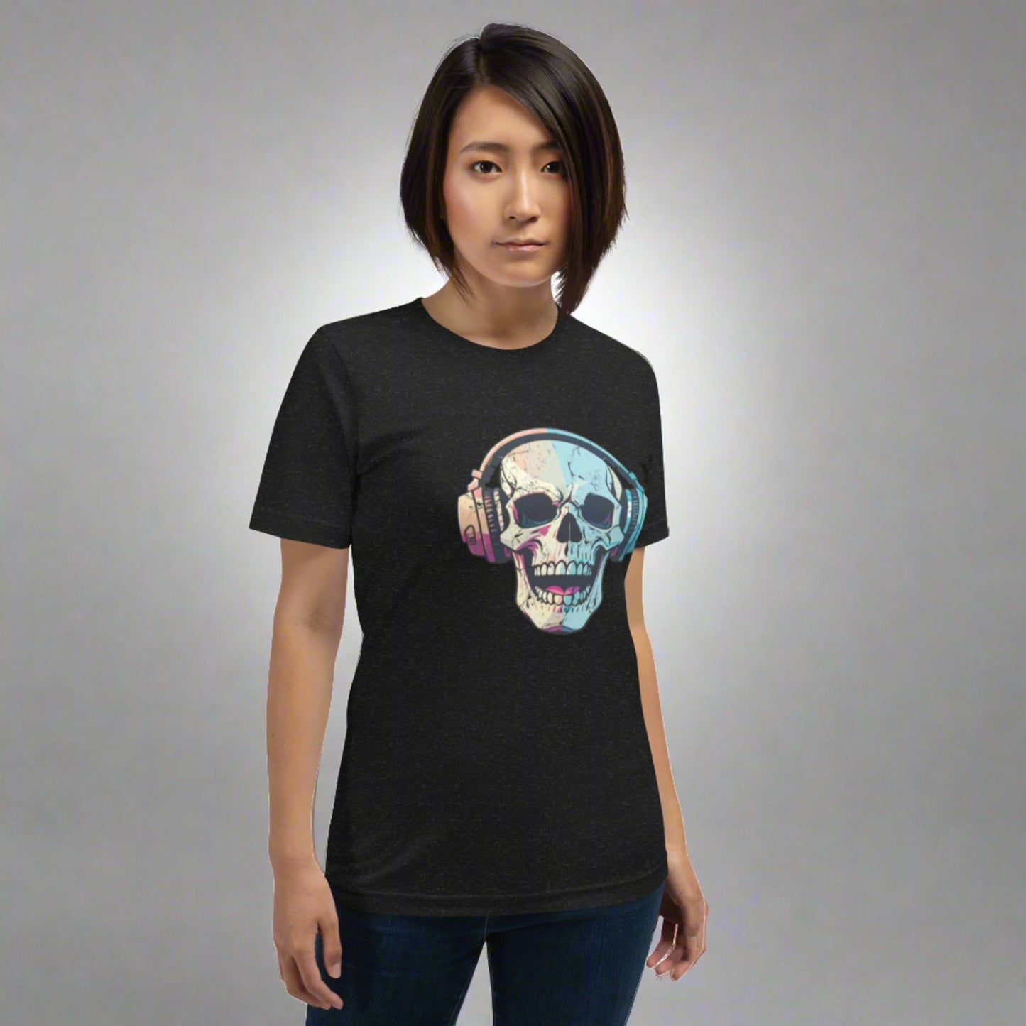 Edgy unisex t-shirt with a spooky skull and headphones design, printed on a soft black cotton base. Ideal for Halloween outfits, horror fans, and goth music lovers, this tee blends creepy humor with everyday comfort. The oversized skull print adds attitude, while extended sizes from XS to 5XL ensure everyone can enjoy a haunted look that rocks.