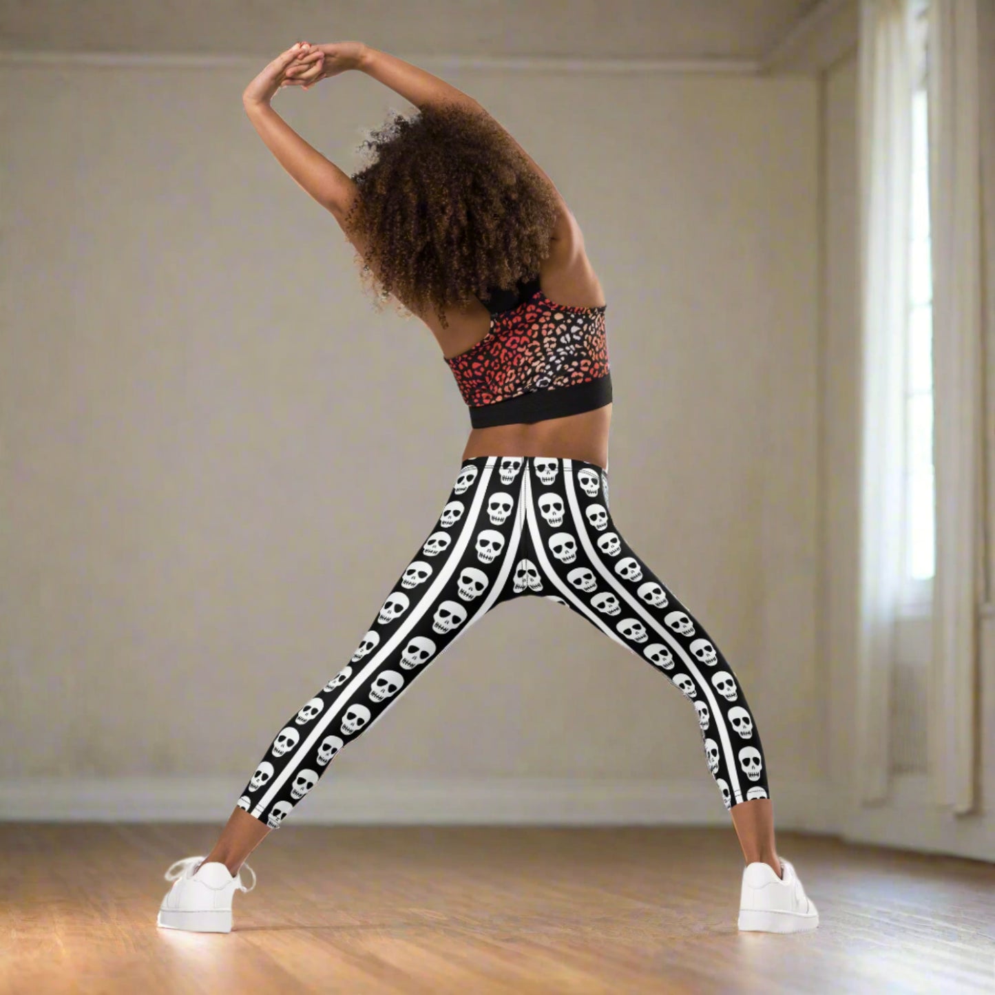 Image: These toddler and children’s leggings feature alternating black and white stripes with a trail of skulls down each leg, perfect for little ones who love Halloween or cool designs. Crafted for movement and comfort, they’re great for school events, themed birthdays, or everyday wear with a little extra attitude. Available in sizes for toddlers and young kids, by jaecrece.