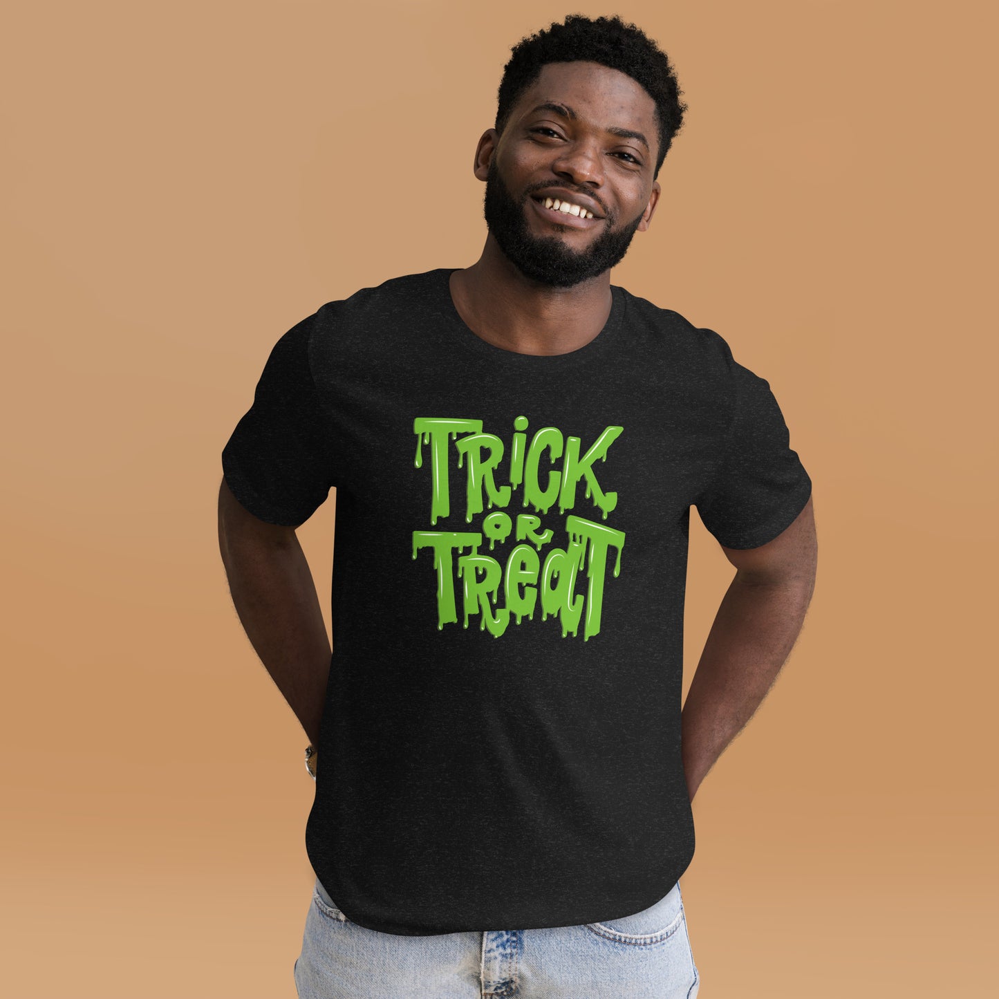 Unisex Trick or Treat Halloween t-shirt featuring bold green slime ooze lettering. Perfect for spooky season, this adult cotton tee offers a creepy, playful twist for Halloween parties or casual October outfits. Available in sizes XS–5XL, it's a fun, comfortable option for anyone who loves horror, trick-or-treating, and Halloween costume alternatives.
