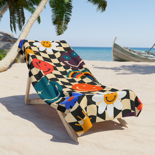 Brighten your beach day with this happy retro checkerboard smiley beach towel featuring bold pink and yellow checks and a cheerful smiley face design. Soft cotton terry backing and a vibrant polyester front make it perfect for lounging by the pool or on the sand. This vintage-inspired towel adds summer style to vacations, lake days, and picnics. Ideal for retro lovers and beach gift shoppers.