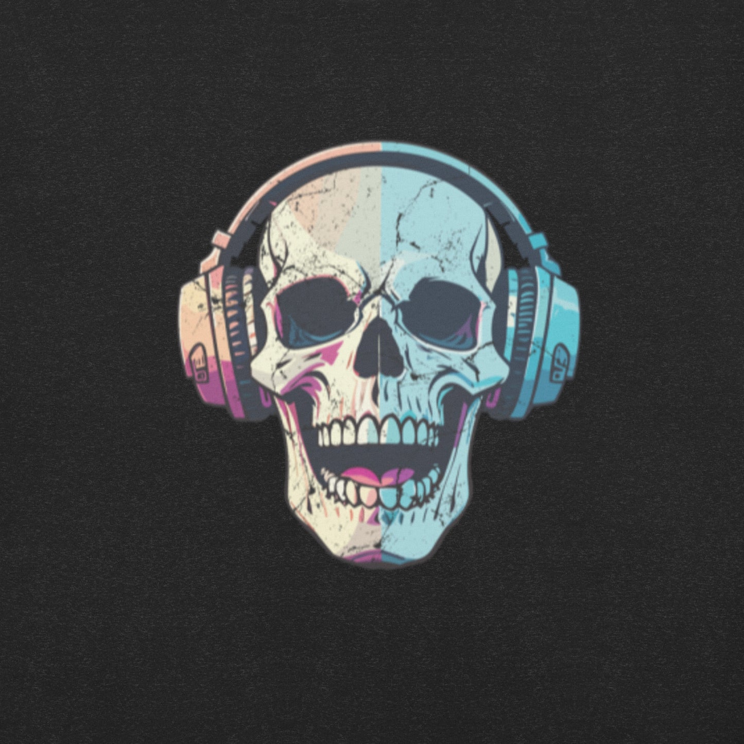 Model wearing a spooky music t-shirt with a laughing skull and headphones graphic on a solid black tee. Perfect for fans of punk, emo, goth, or horrorcore fashion, this shirt delivers Halloween energy all year long. Soft cotton and inclusive sizing from XS to 5XL make it a go-to piece for music festivals, haunted hangouts, and creepy casual style lovers.