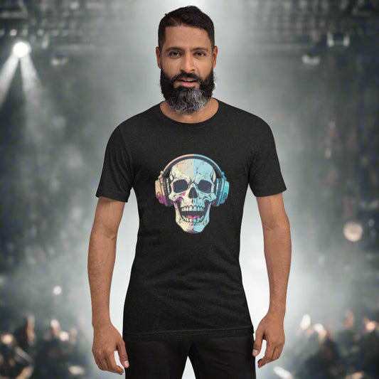 Black unisex t-shirt featuring a bold graphic of a laughing skull wearing headphones, designed for fans of spooky season, Halloween fashion, and gothic streetwear. This edgy music-themed shirt is perfect for concerts, haunted houses, or casual fall outfits. Made with soft, breathable cotton and available in sizes XS–5XL, it’s ideal for both horror lovers and musicians who enjoy eerie vibes with their style.