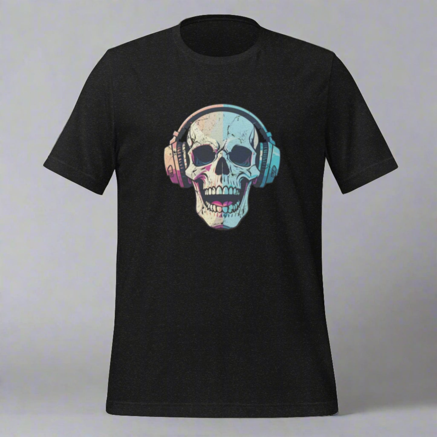 Flat lay of a black t-shirt with a creepy laughing skull in headphones design, ideal for music lovers and Halloween enthusiasts. This unisex graphic tee brings together humor, horror, and haunting style in one comfortable, pre-shrunk cotton tee. Available in plus sizes up to 5XL, it’s the perfect spooky fashion statement for concerts, October events, or alternative everyday wear.